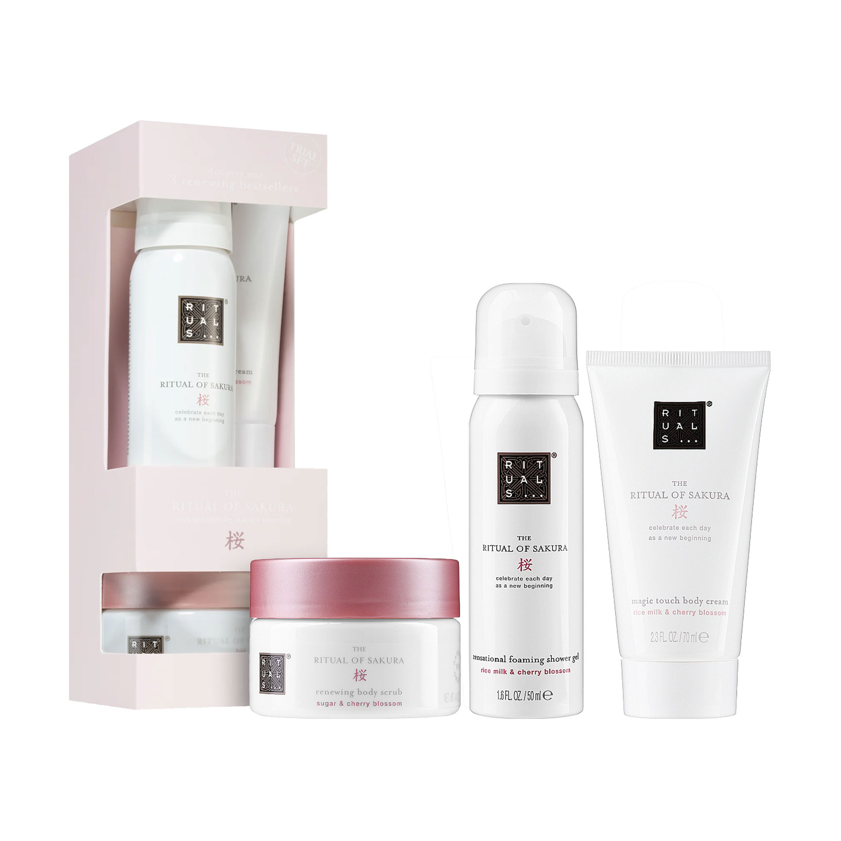

Уцінка! Подарунковий набір Rituals The Ritual of Sakura (Гель-піна для душу, 50 мл + скраб для тіла, 125 г + крем для тіла, 70 мл)