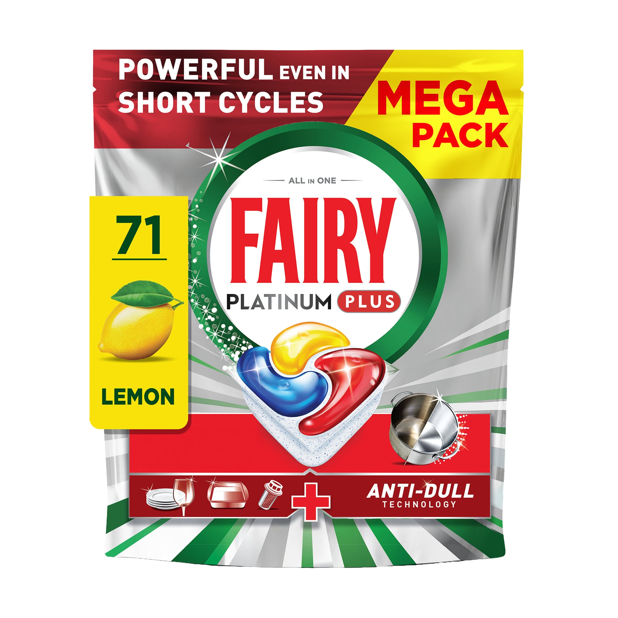 

Капсули для посудомийної машини Fairy Platinum Plus Все в 1, з ароматом лимону, 71 шт