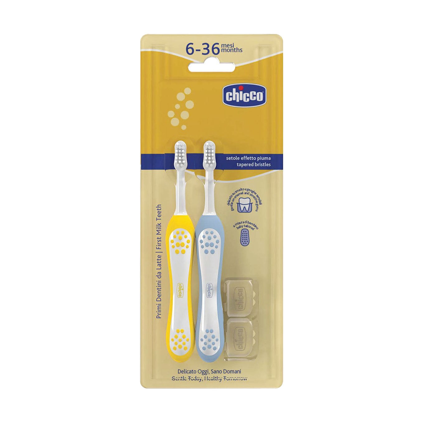 

Набір дитячих зубних щіток Chicco First Milk Teeth від 6 місяців до 3 років, (блакитна, 1 шт + жовта, 1 шт)