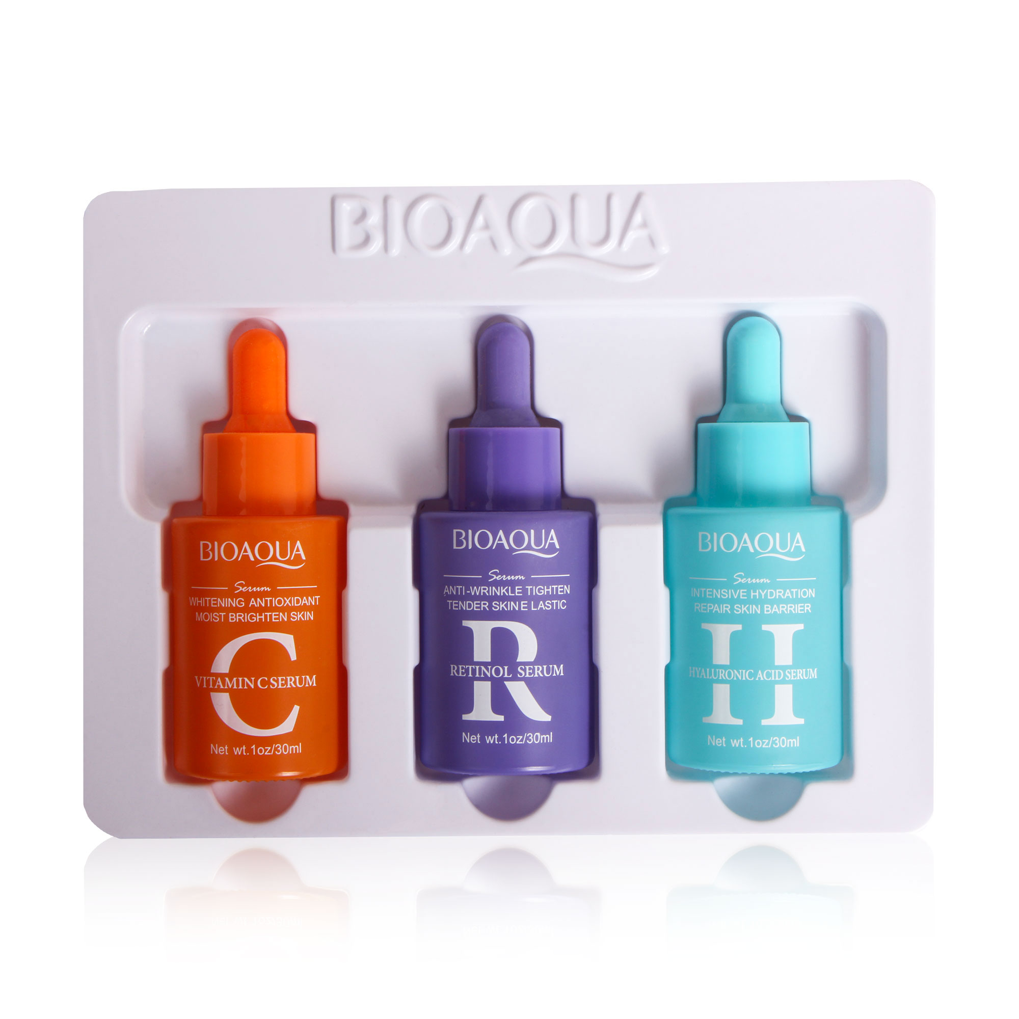 

Набір сироваток для обличчя Bioaqua Serum Combination Set (вітамін С, 30 мл + ретинол, 30 мл + гіалуронова кислота, 30 мл)