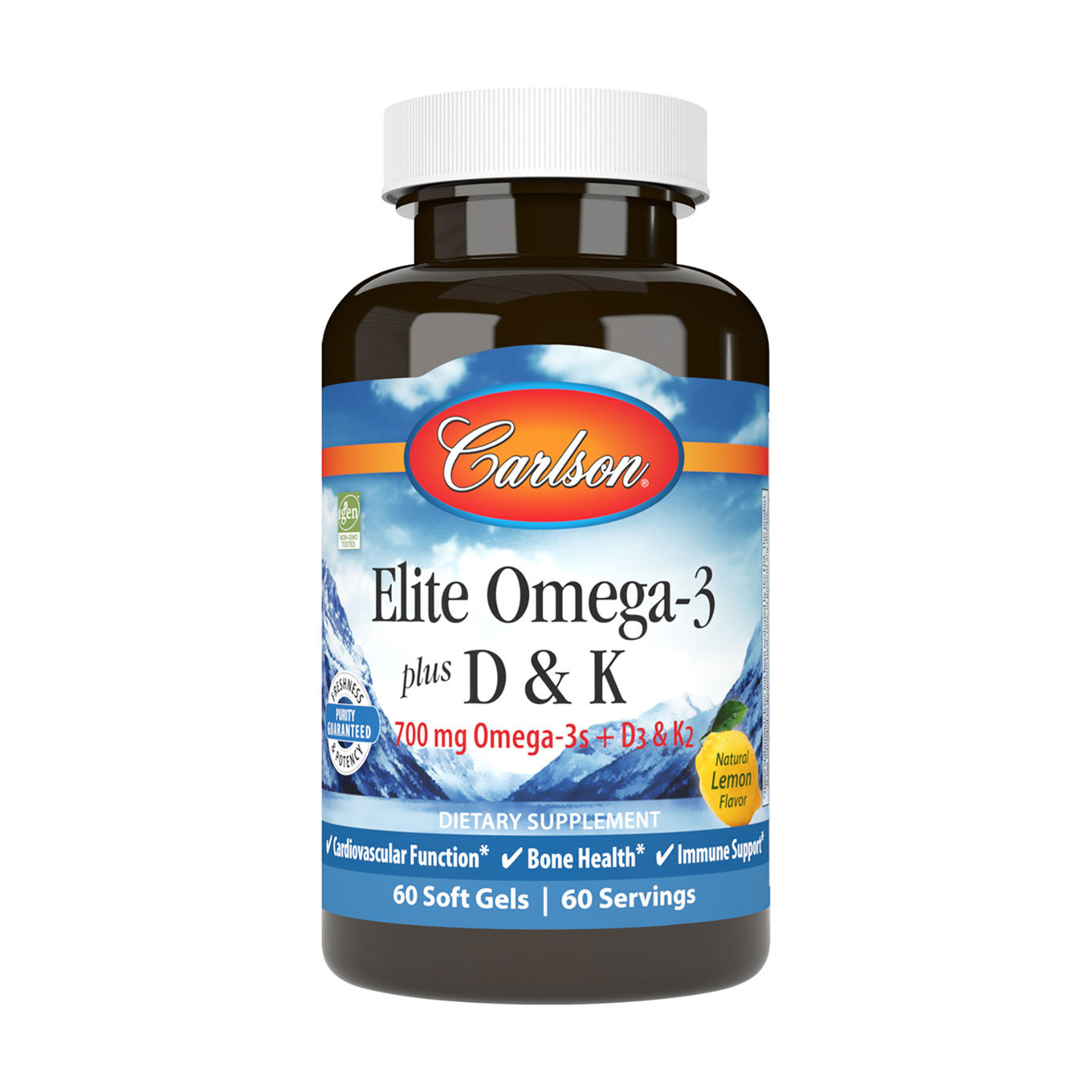 

Омега-3 Carlson Labs Elite Omega-3 Plus D & K з вітамінами D та K, зі смаком лимону, 60 гелевих капсул