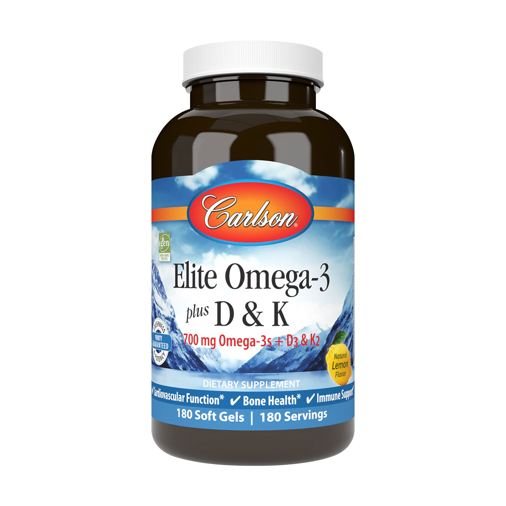 

Омега-3 Carlson Labs Elite Omega-3 Plus D & K з вітамінами D та K, зі смаком лимону, 180 гелевих капсул
