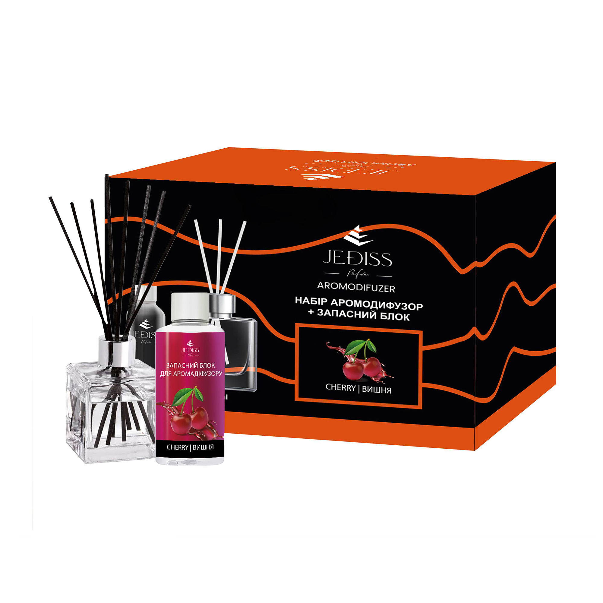 

Уцінка! Набір Jediss Вишня (аромадифузор, 100 мл + запасний блок для аромадифузора, 100 мл + ротангові палички, 5 шт)