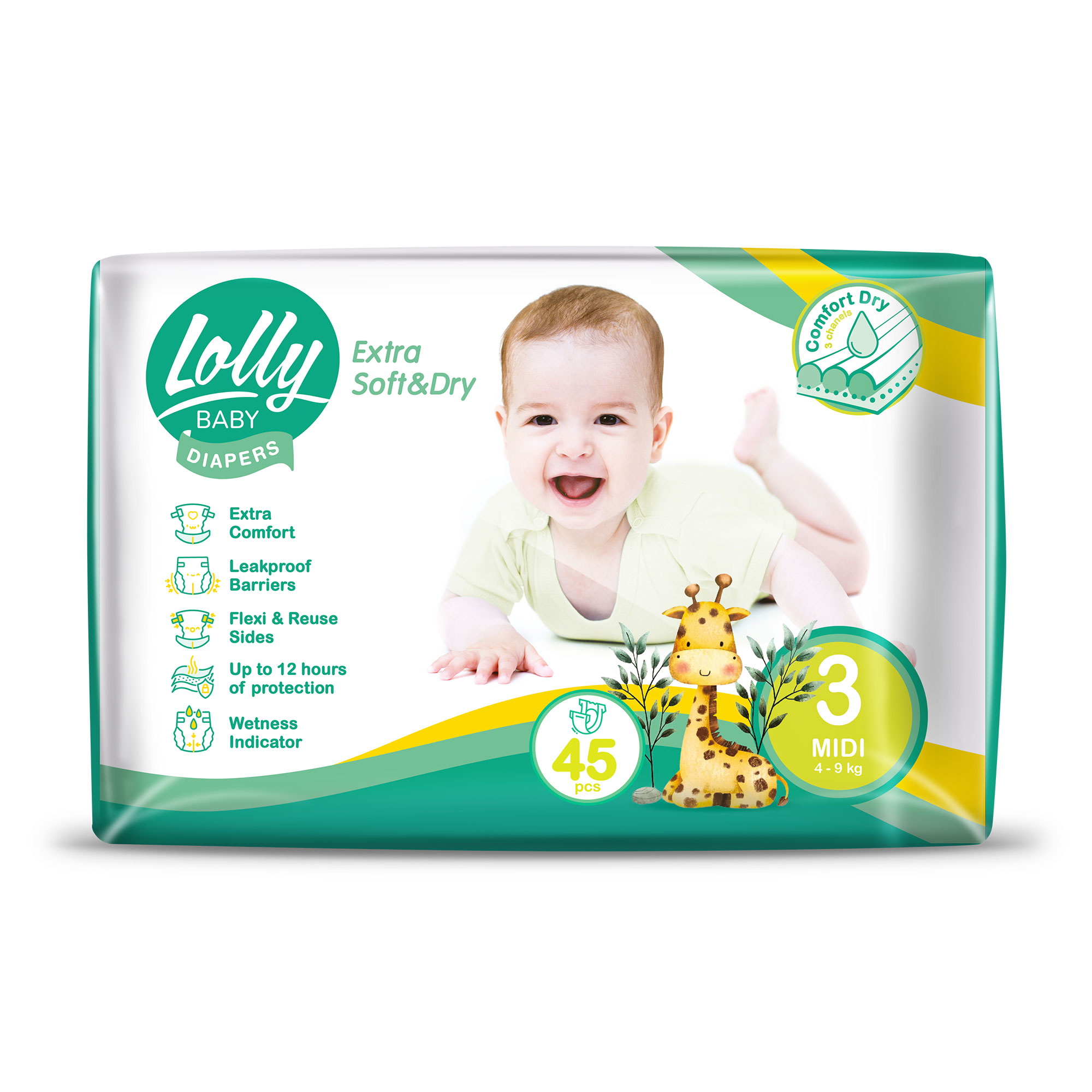 Підгузки Lolly Extra Soft & Dry Midi розмір 3 (4-9 кг), 45 шт