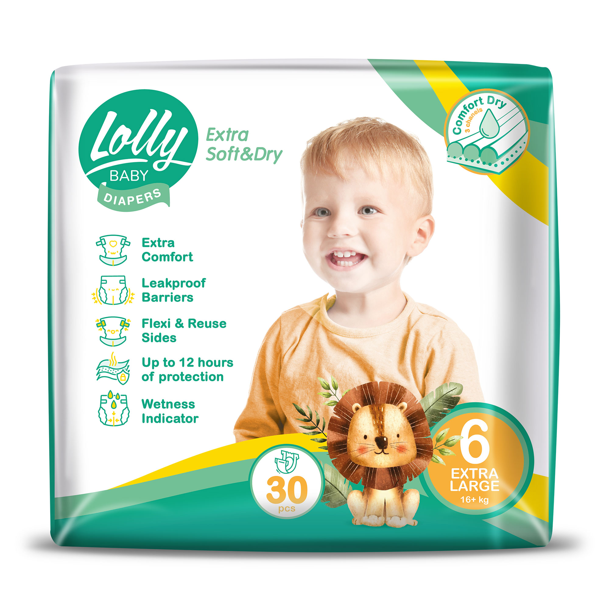 Підгузки Lolly Extra Soft & Dry Extra Large розмір 6 (16+ кг), 30 шт