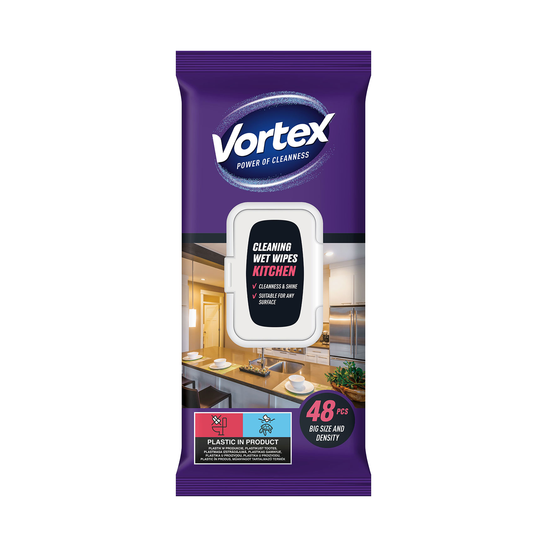 

Серветки господарчі вологі для кухні Vortex з клапаном, 48 шт