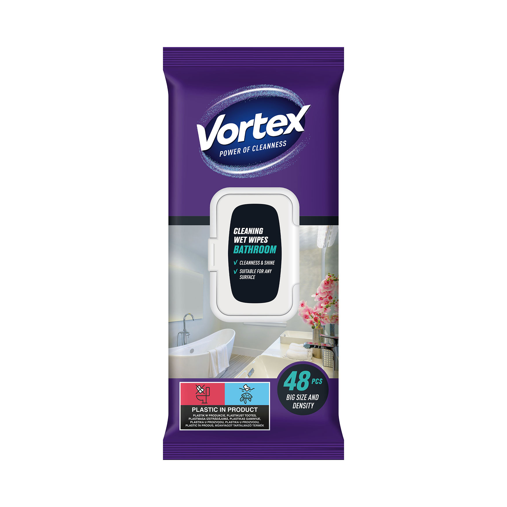 

Серветки господарчі вологі для ванної кімнати Vortex з клапаном, 48 шт