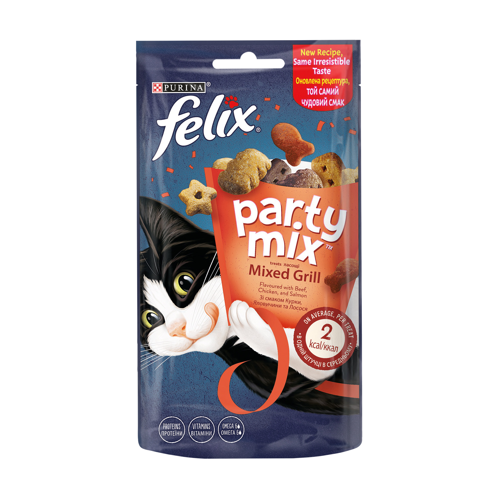 

Ласощі для дорослих кішок Felix Party Mix Mixed Grill зі смаком курки, яловичини та лосося, 60 г