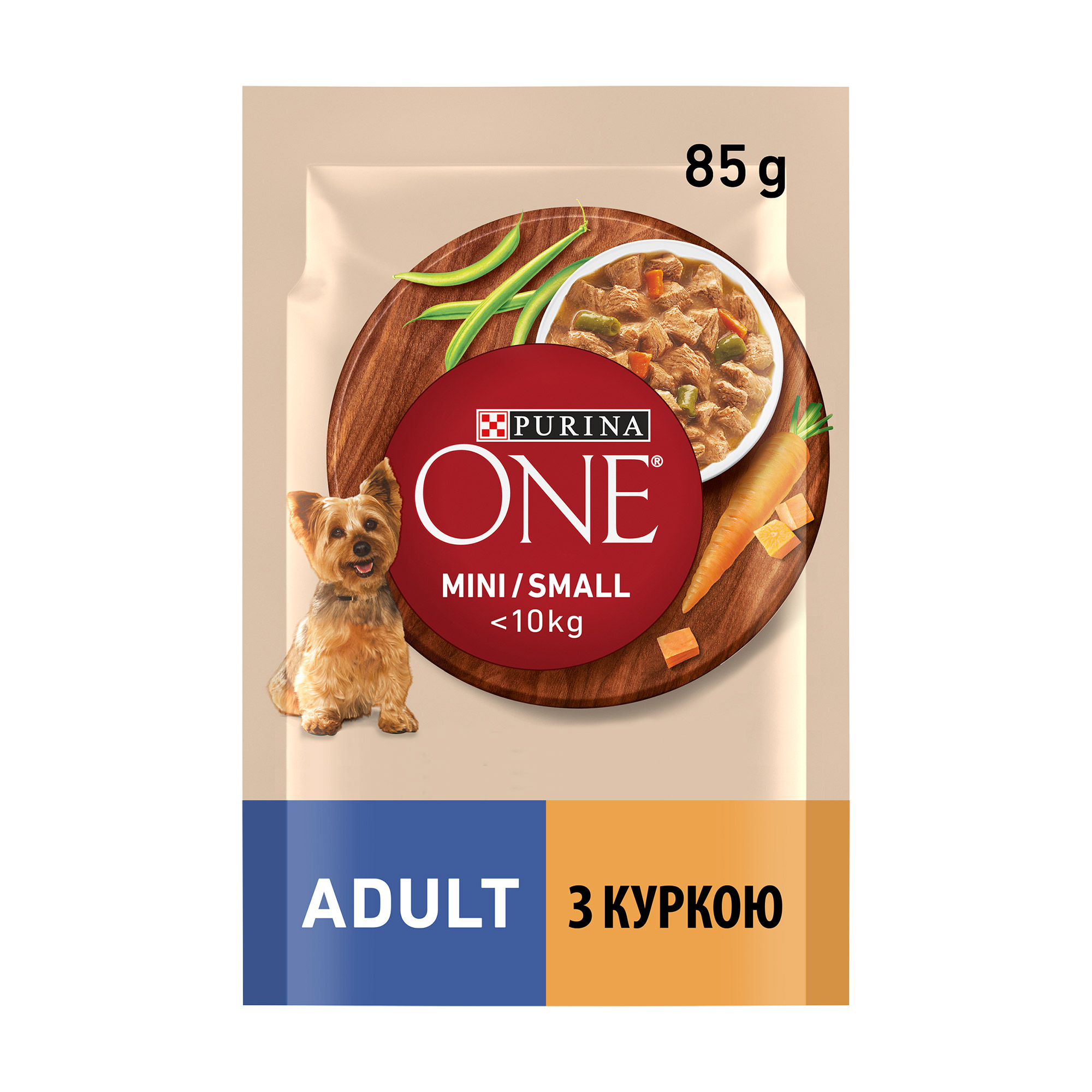 

Вологий корм для дорослих собак дрібних порід Purina One Mini/Small шматочки у підливці з куркою, морквою та зеленою квасолею, 85 г