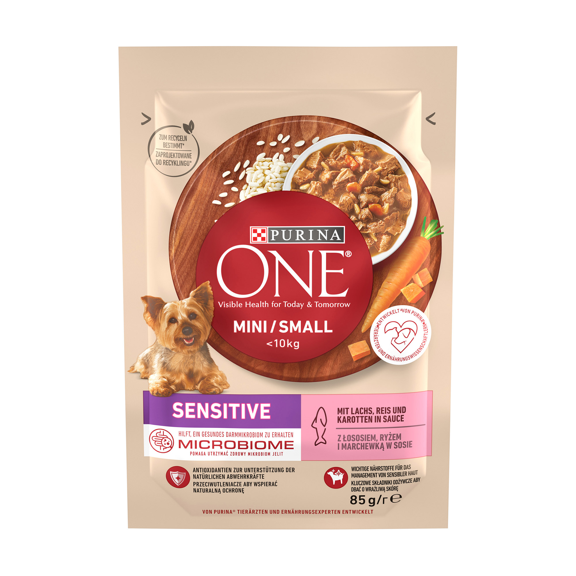 

Вологий корм для дорослих собак дрібних порід з чутливим травленням Purina One Mini/Small Sensitive з лососем, рисом та морквою, 85 г