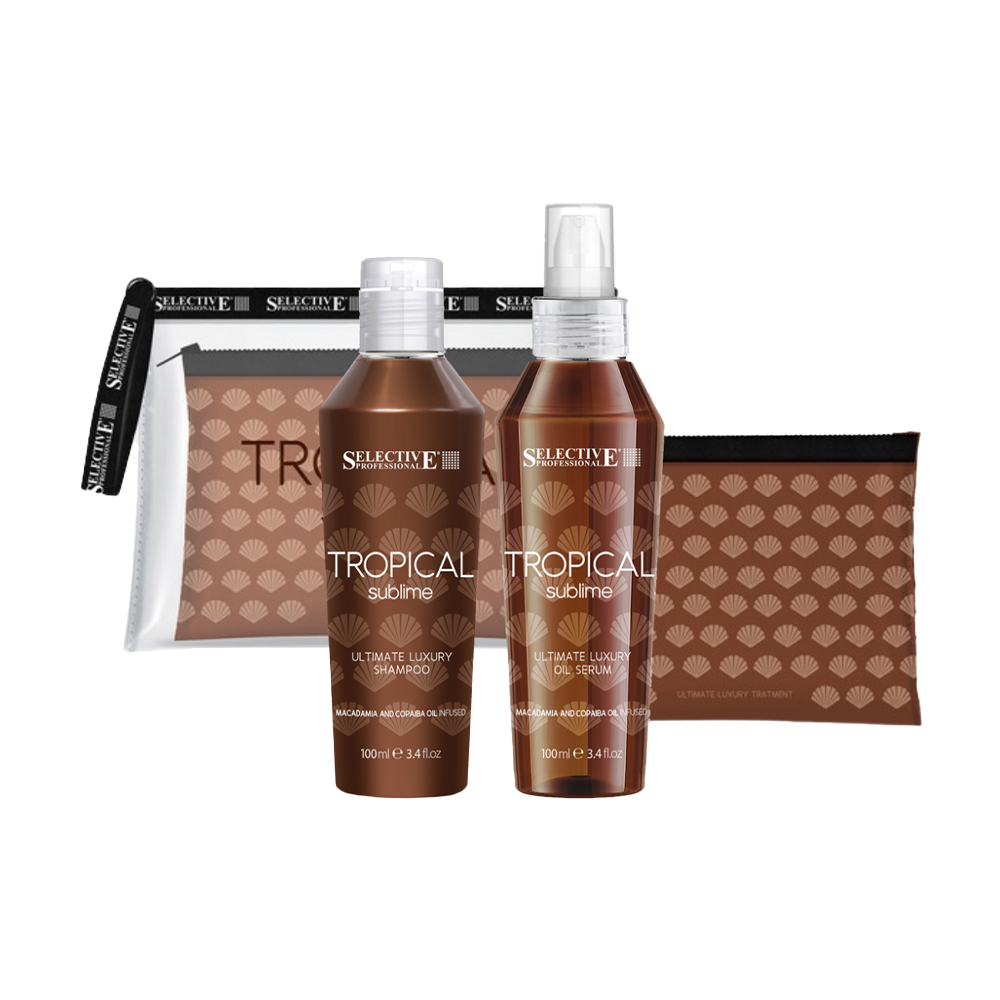 

Уцінка! Набір для волосся Selective Professional Tropical Sublime з олією макадамії та капайби (шампунь, 100 мл + спрей, 100 мл + косметичка)