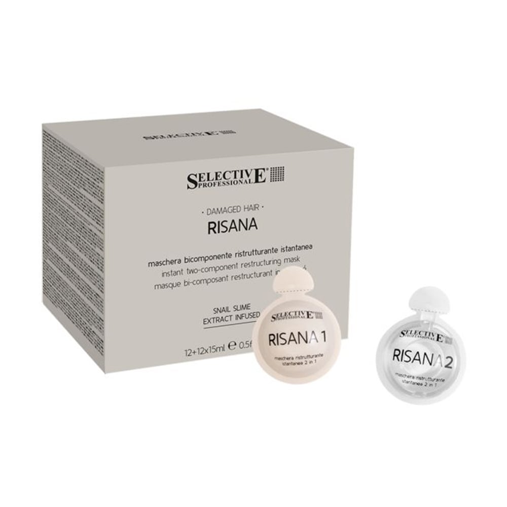 

Уцінка! Двокомпонентна реструктурувальна маска миттєвої дії для волосся Selective Professional Risana з екстрактом муцина равлика, 12+12*15 мл