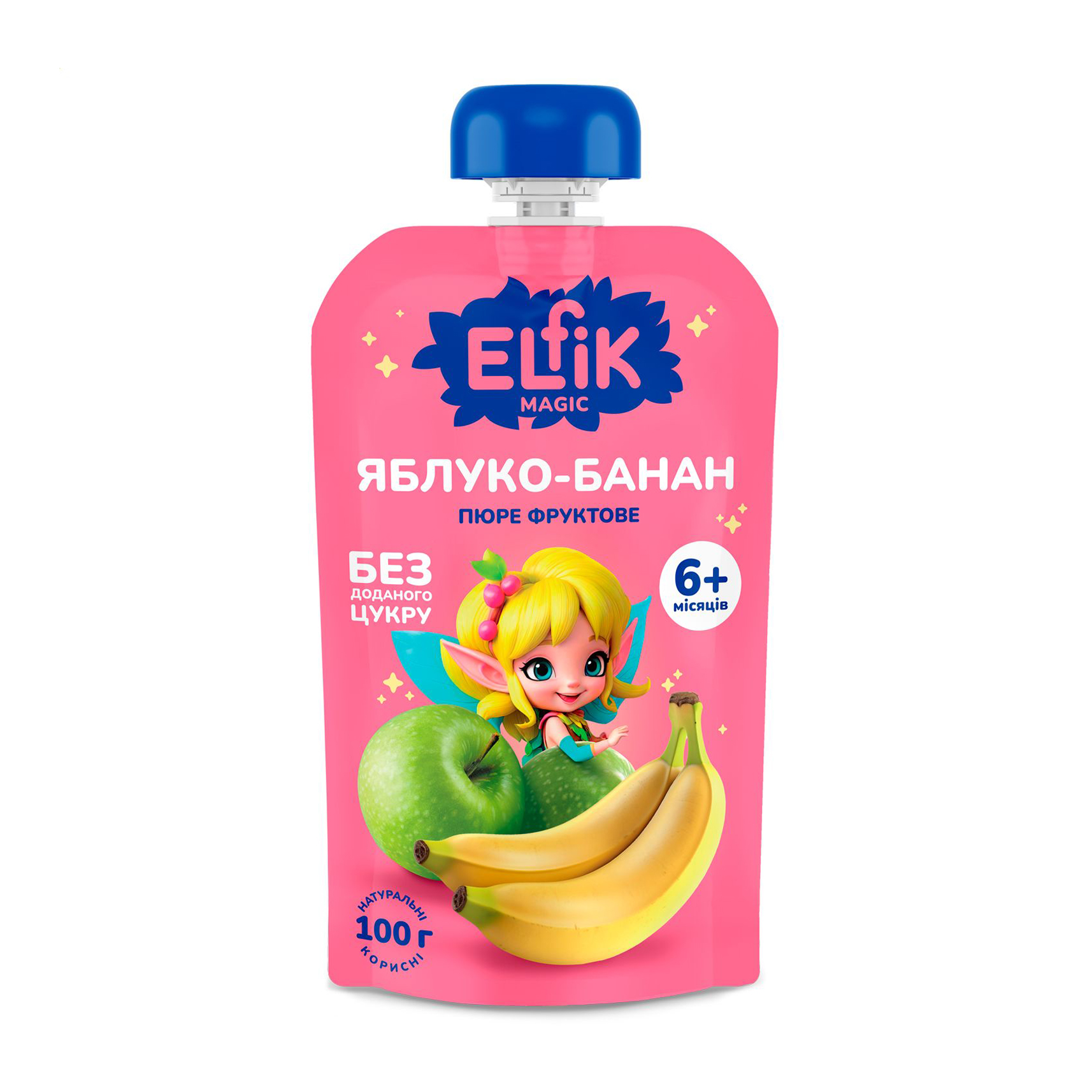 

Уцінка! Дитяче фруктове пюре Elfik Magic Яблуко-банан, без доданого цукру, від 6 місяців, 100 г (пауч)