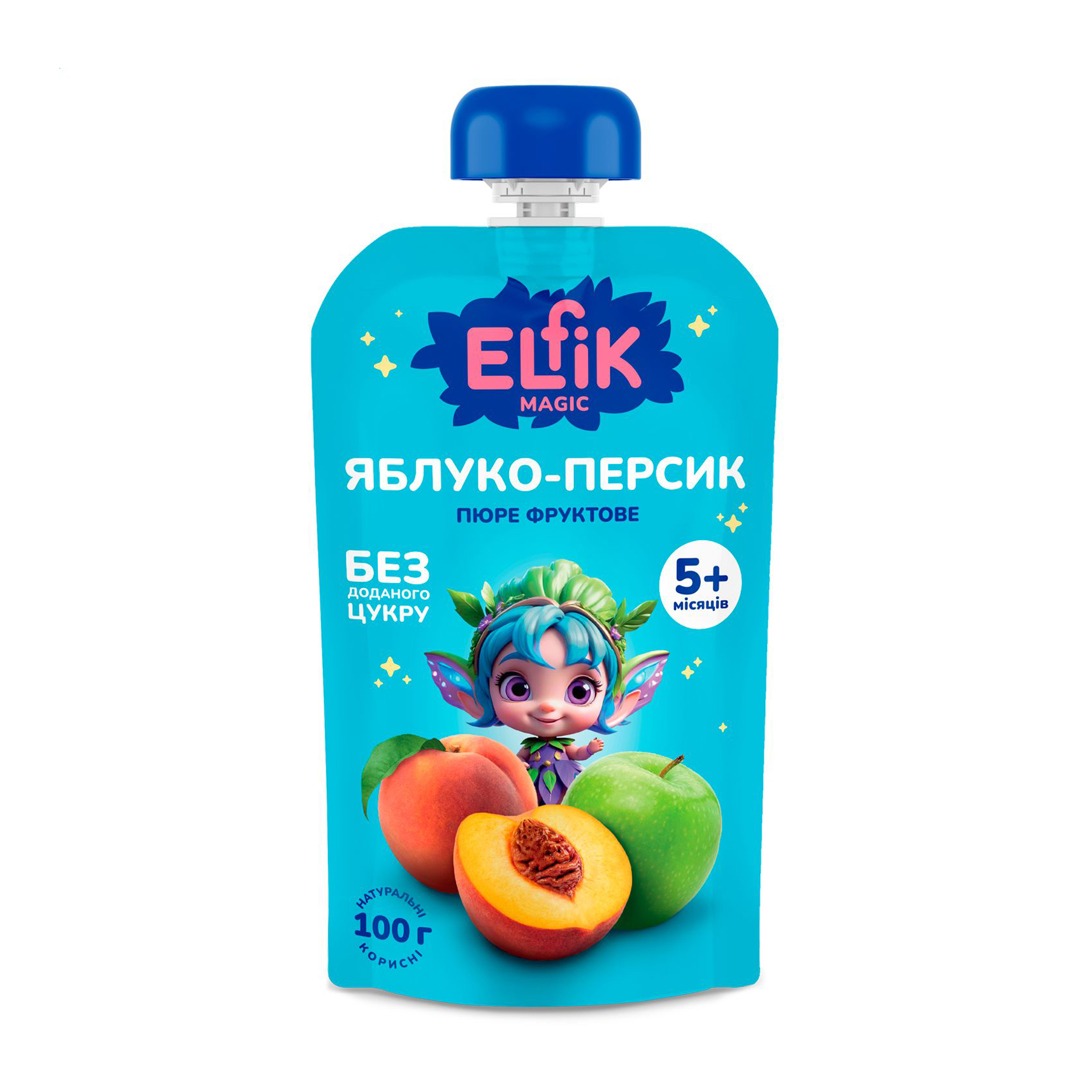 

Уцінка! Дитяче фруктове пюре Elfik Magic Яблуко-персик, без доданого цукру, від 5 місяців, 100 г (дойпак)
