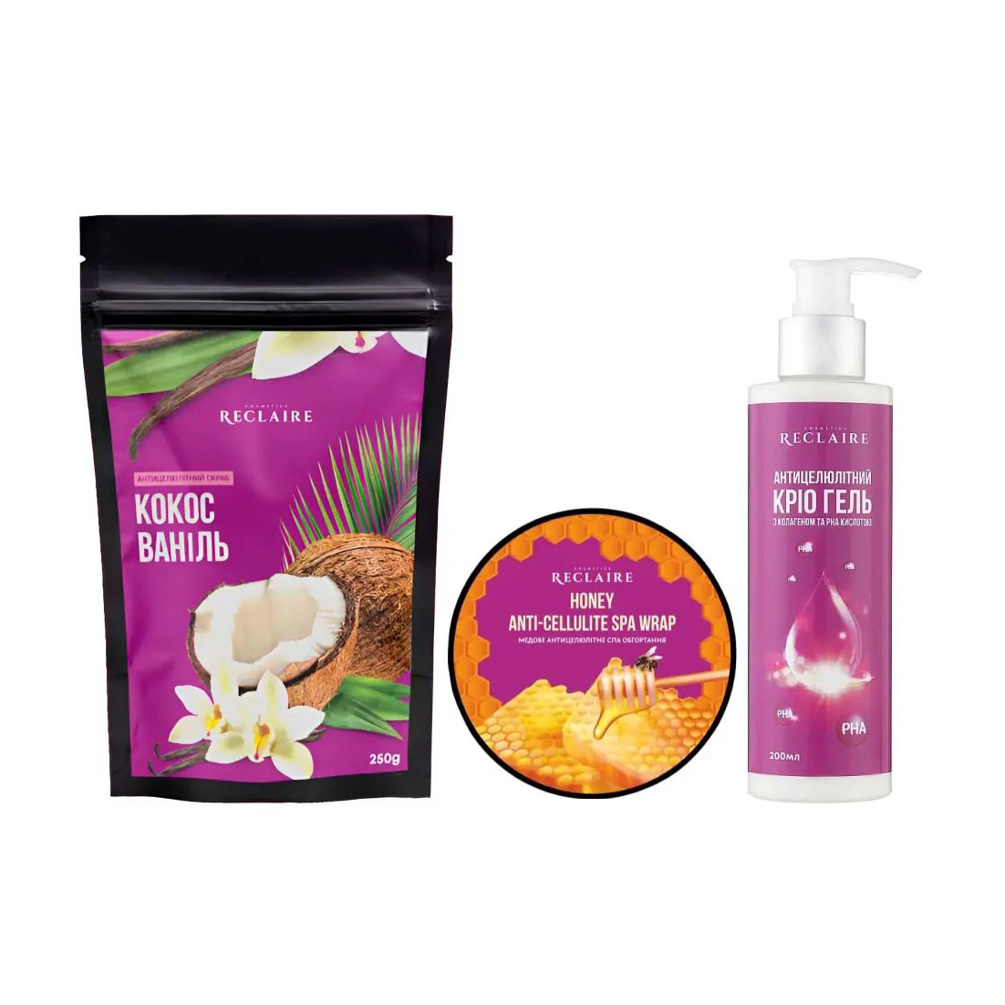

Уцінка! Набір для тіла Reclaire Антицелюлітний SPA комплекс (скраб Кокос-ваніль, 250 г + SPA обгортання, 200 мл + кріо гель, 200 мл)