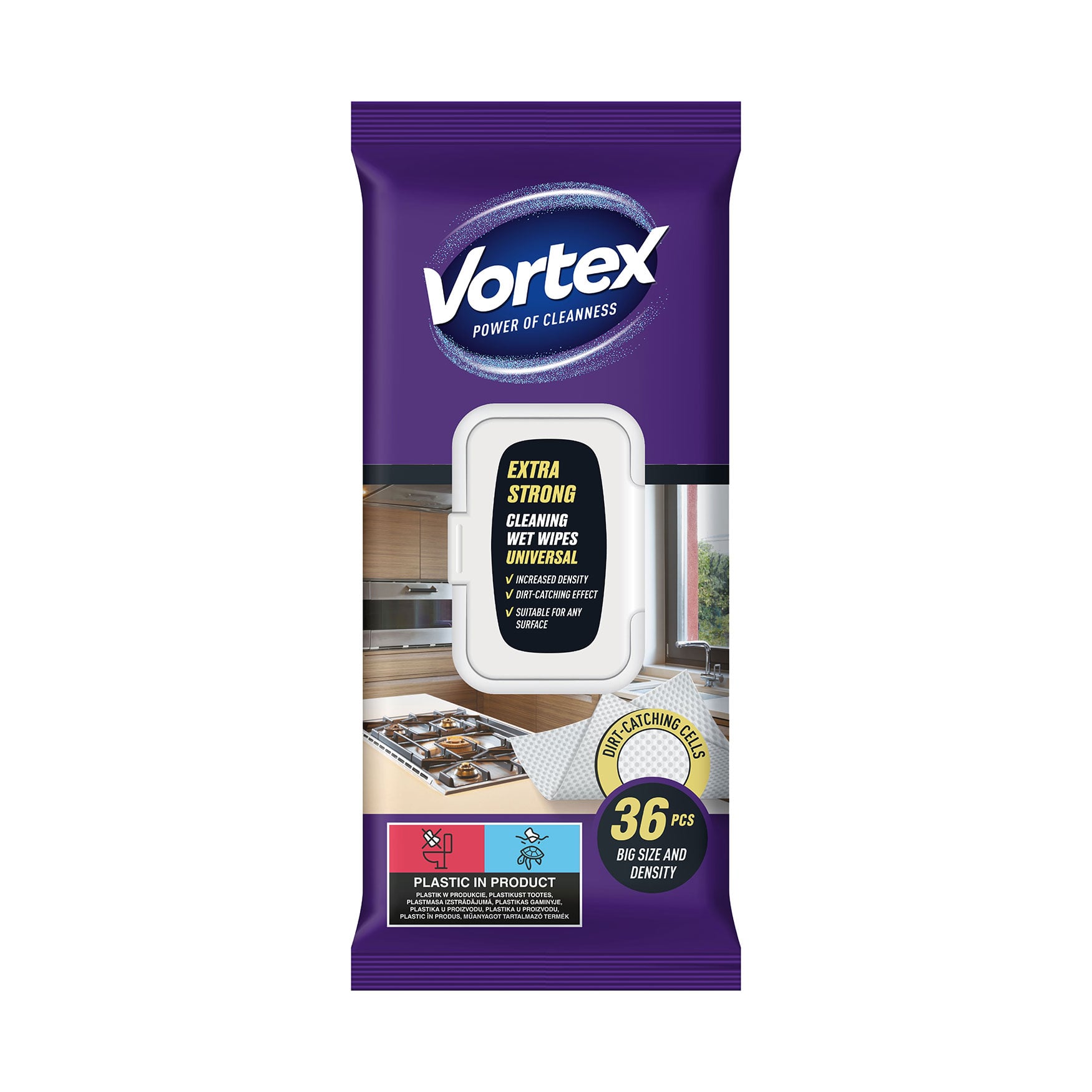 

Уцінка! Серветки господарчі вологі універсальні Vortex Extra Strong з клапаном, 36 шт