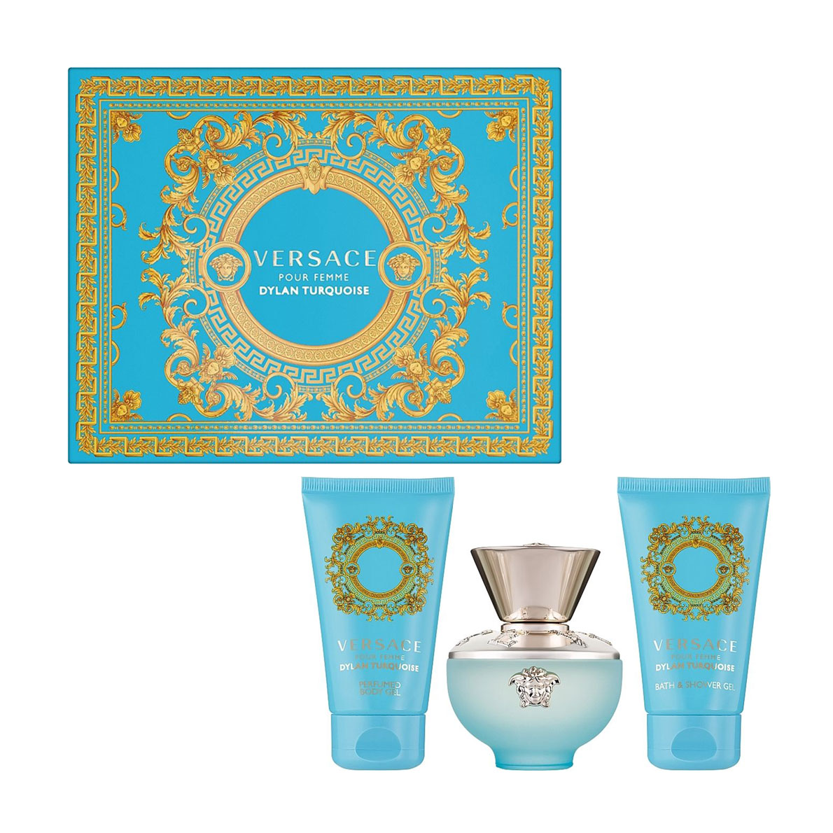 

Парфумований набір Versace Pour Femme Dylan Turquoise жіночий (туалетна вода, 50 мл + гель для тіла, 50 мл + гель для душу, 50 мл)