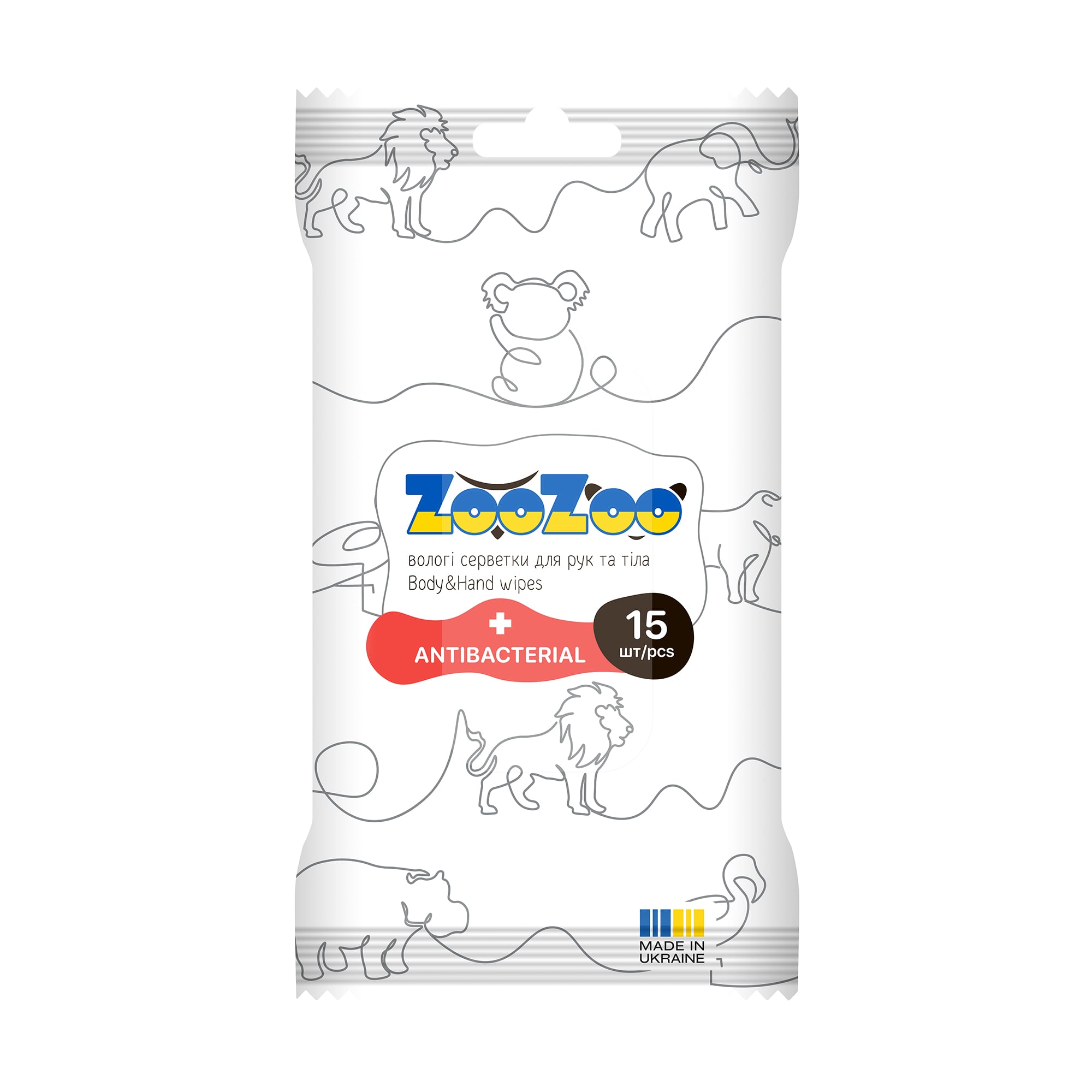 

Вологі серветки для рук та тіла ZooZoo Antibacterial Body & Hand Wipes, 15 шт