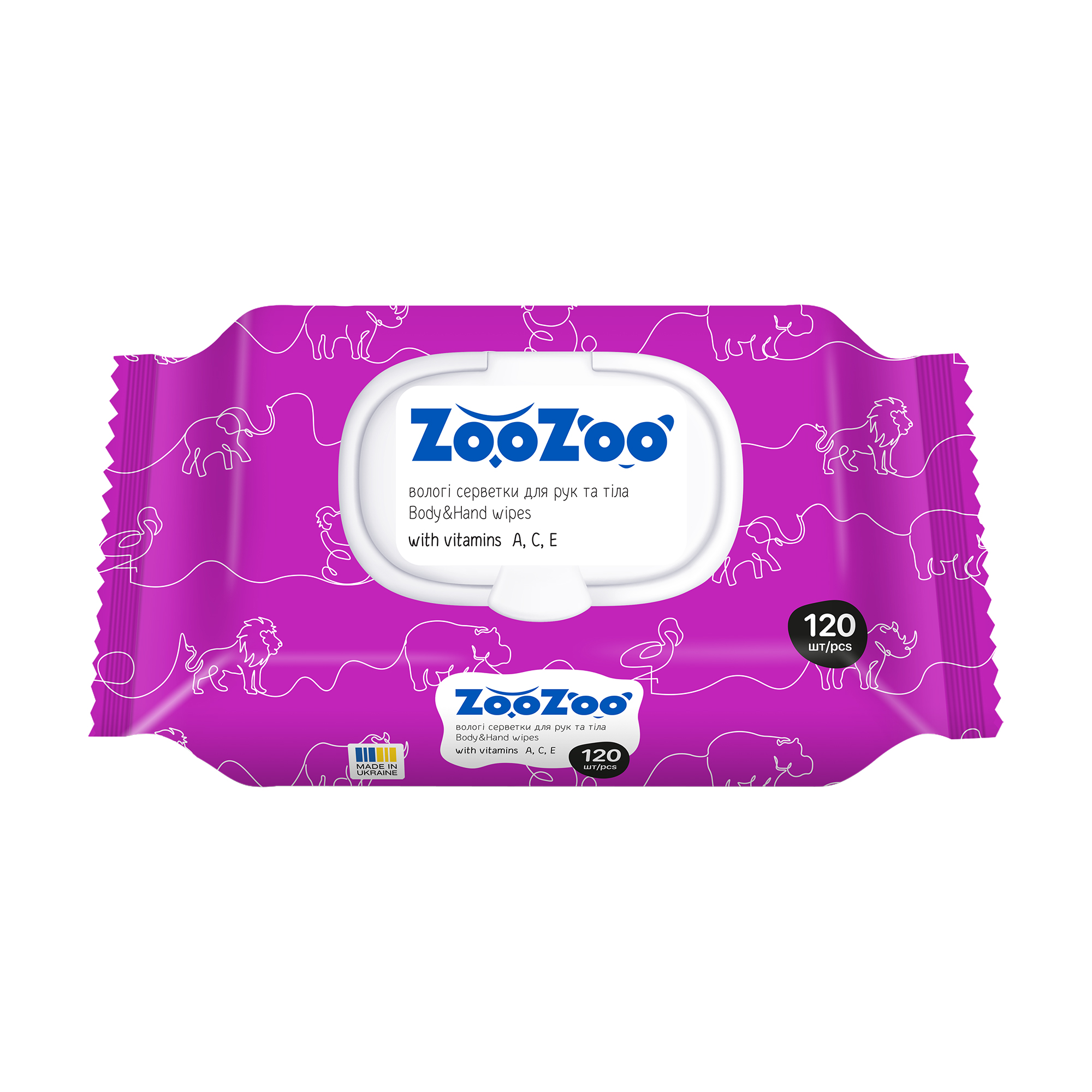 

Вологі серветки для рук та тіла ZooZoo Body & Hand Wipes з вітамінами A, C, E, 120 шт