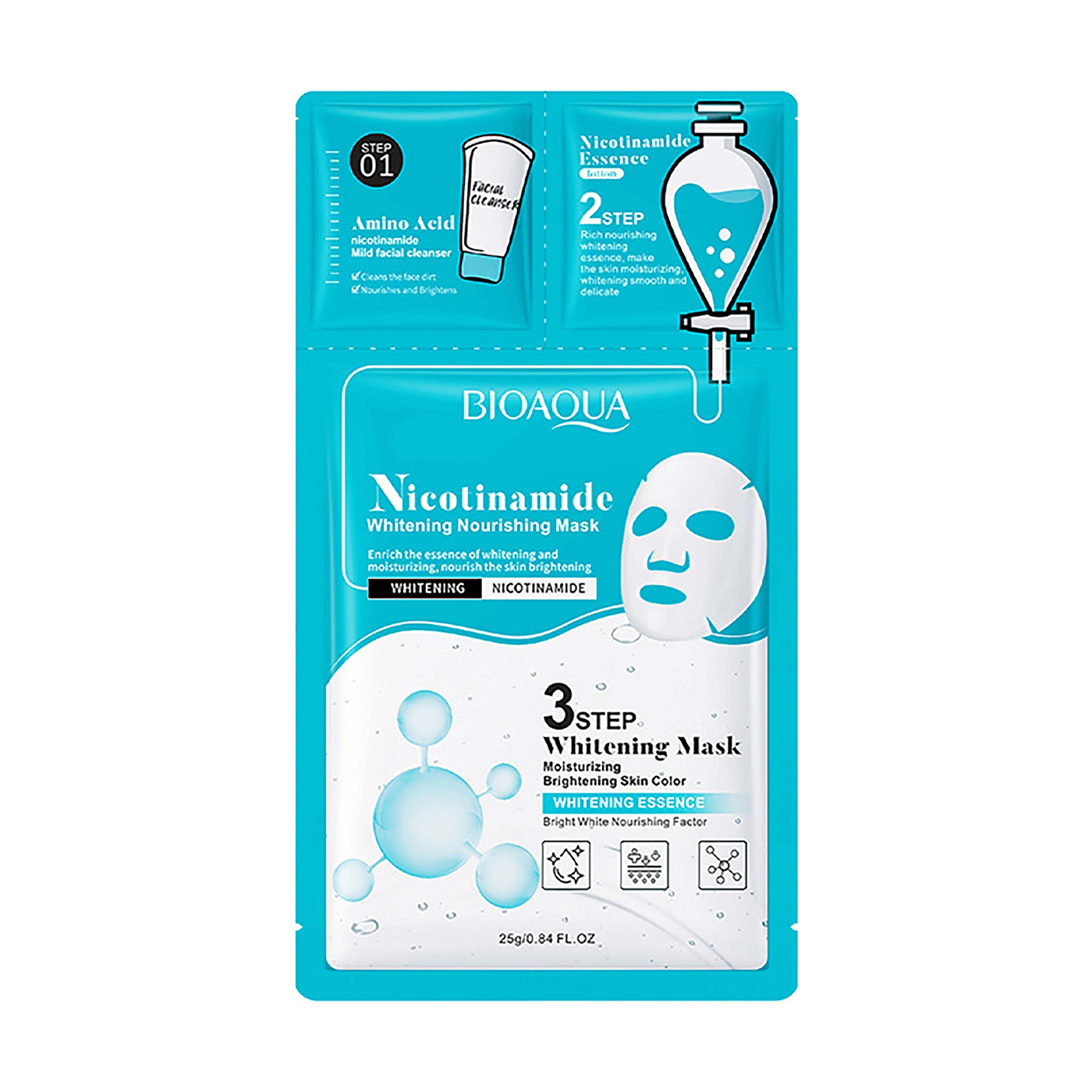 

Триетапна маска для обличчя Bioaqua Nicotinamide Whitening Nourishing Mask (Step 01, 0.8 г + Step 02, 0.8 мл + Step 03, 25 г)