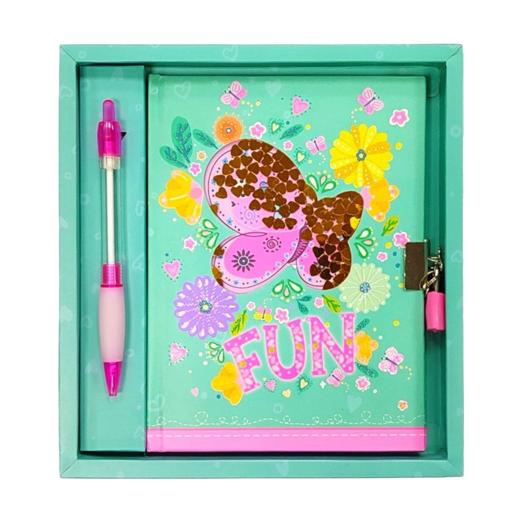 

Блокнот на замочку Malevaro Метелик Забава, з ручкою, лінійка, 19*20*2.5 см, 56 аркушів (W362301-A)