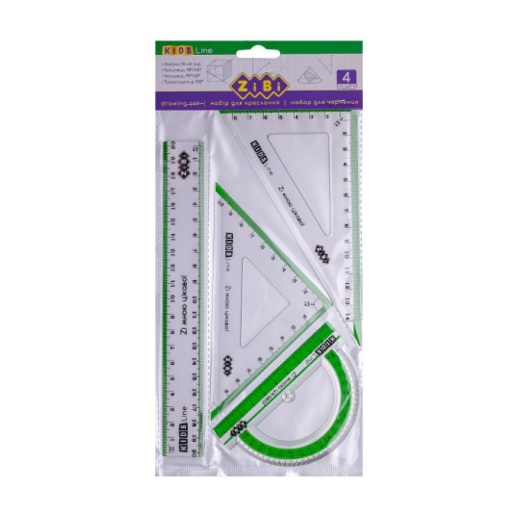 

Набір для креслення ZiBi Kids Line з салатовою смужкою, (лінійка, 1 шт + косинець, 2 шт + транспортир, 1 шт) (Кнц8115)