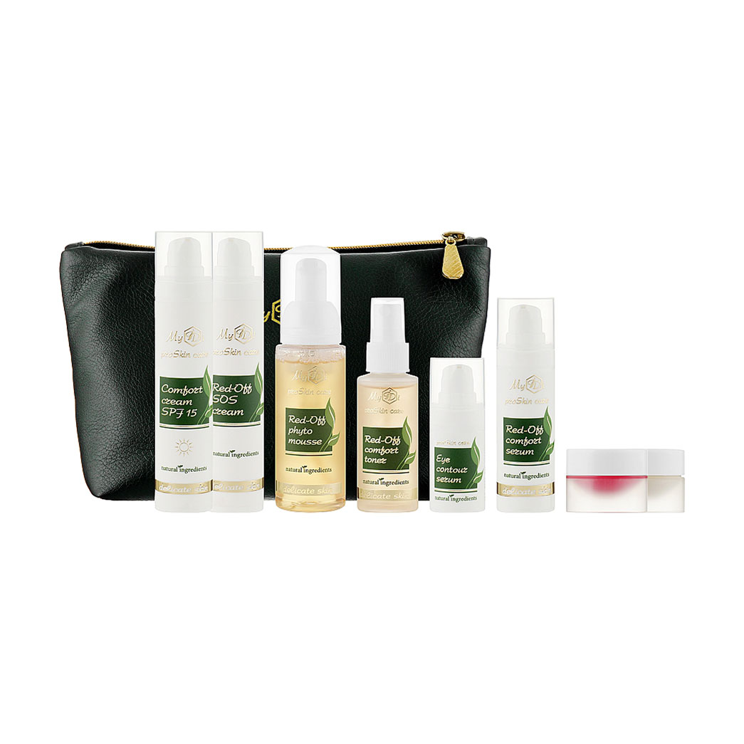 

Уцінка! Набір щоденного догляду для обличчя MyIDi Beauty Red-Off Kit для чутливої шкіри та з проявами куперозу, 9 предметів