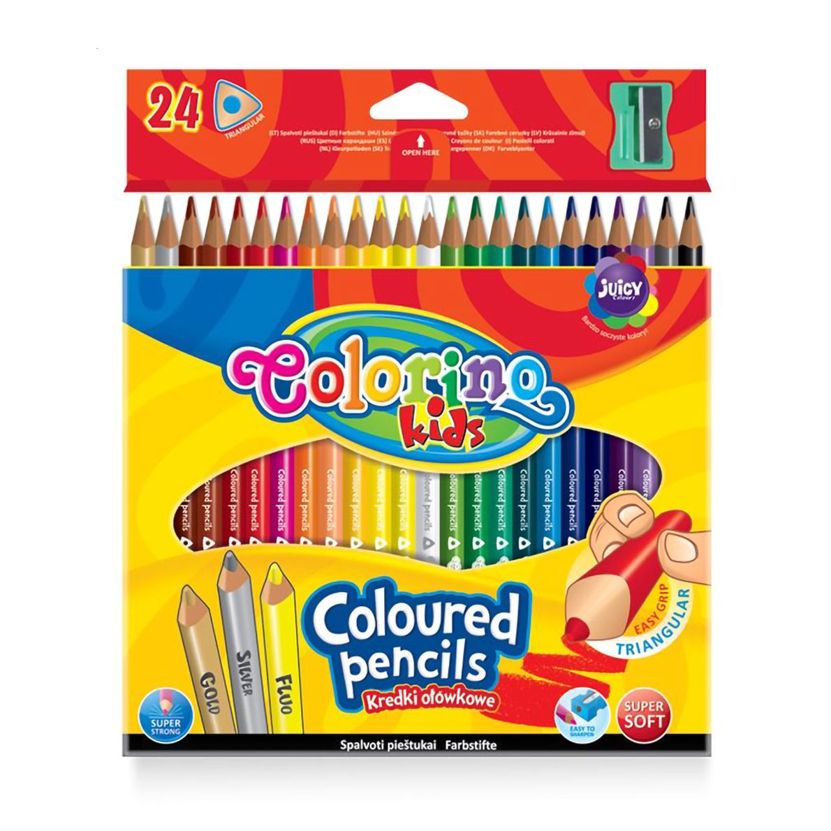 

Набір трикутних кольорових олівців Colorino Kids з стругачкою, 24 кольори, від 3 років (57462PTR)