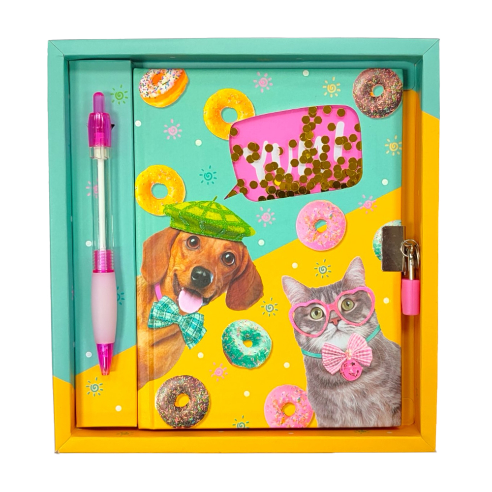 

Блокнот на замочку Malevaro Пес, кіт і пончики, з ручкою, в лінійку, від 3 років, 19*20*2.5 см, 56 аркушів (W362117-A)