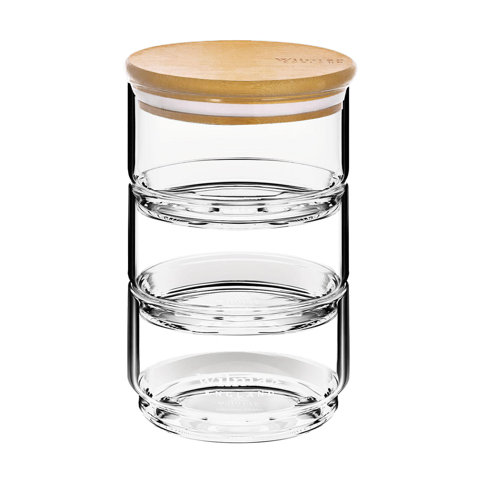 

Ємність для зберігання Wilmax Thermo скляна, 3-х ярусна, з бамбуковою кришкою, 12*20 см (410912)