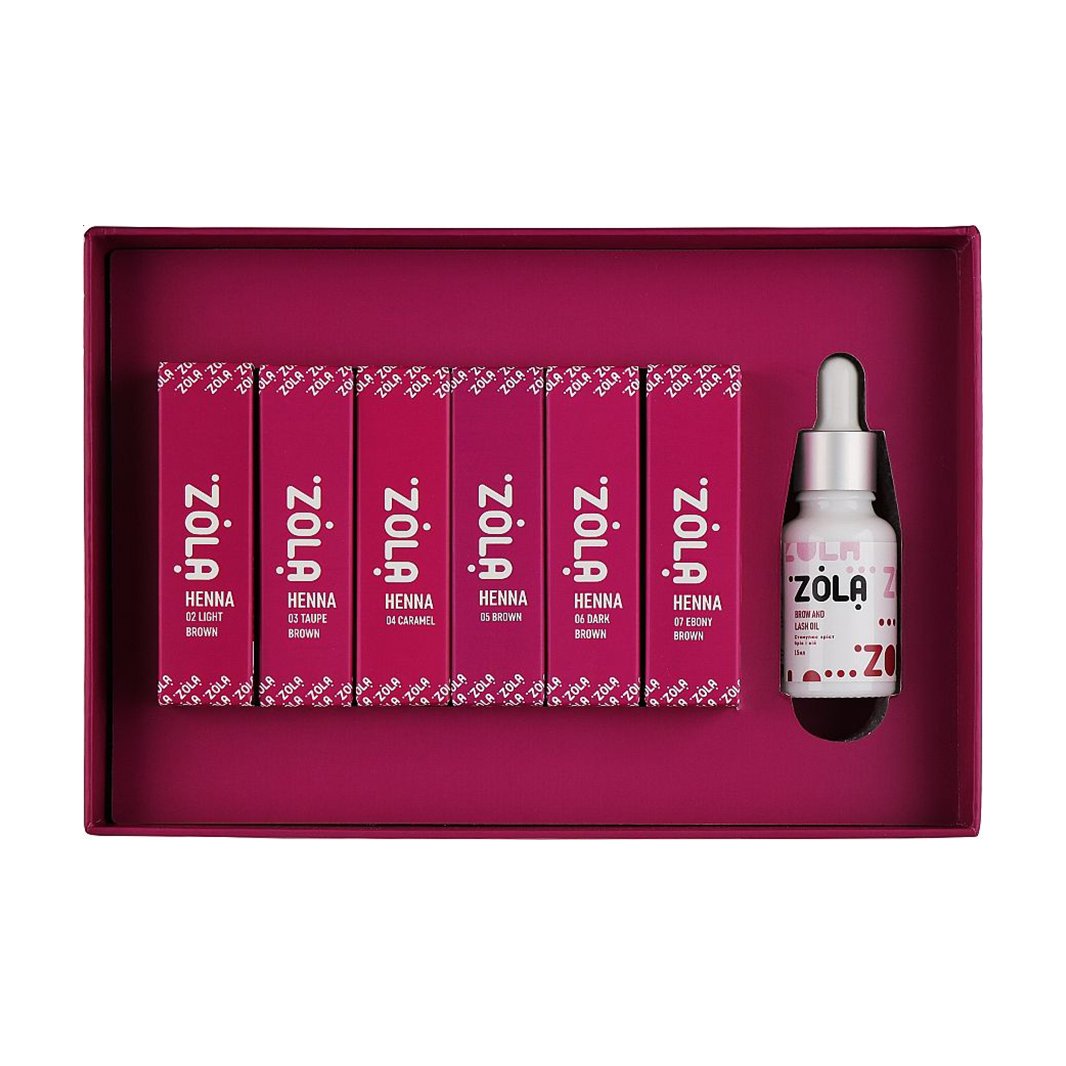 

Набір для фарбування брів Zola Henna Brow Box (хна, 6*5 г + олія, 15 мл)