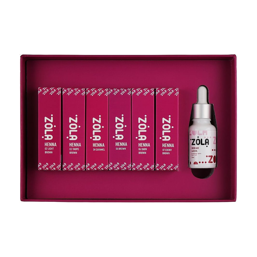 

Уцінка! Набір для фарбування брів Zola Henna Brow Box (хна, 6*5 г + олія, 15 мл)