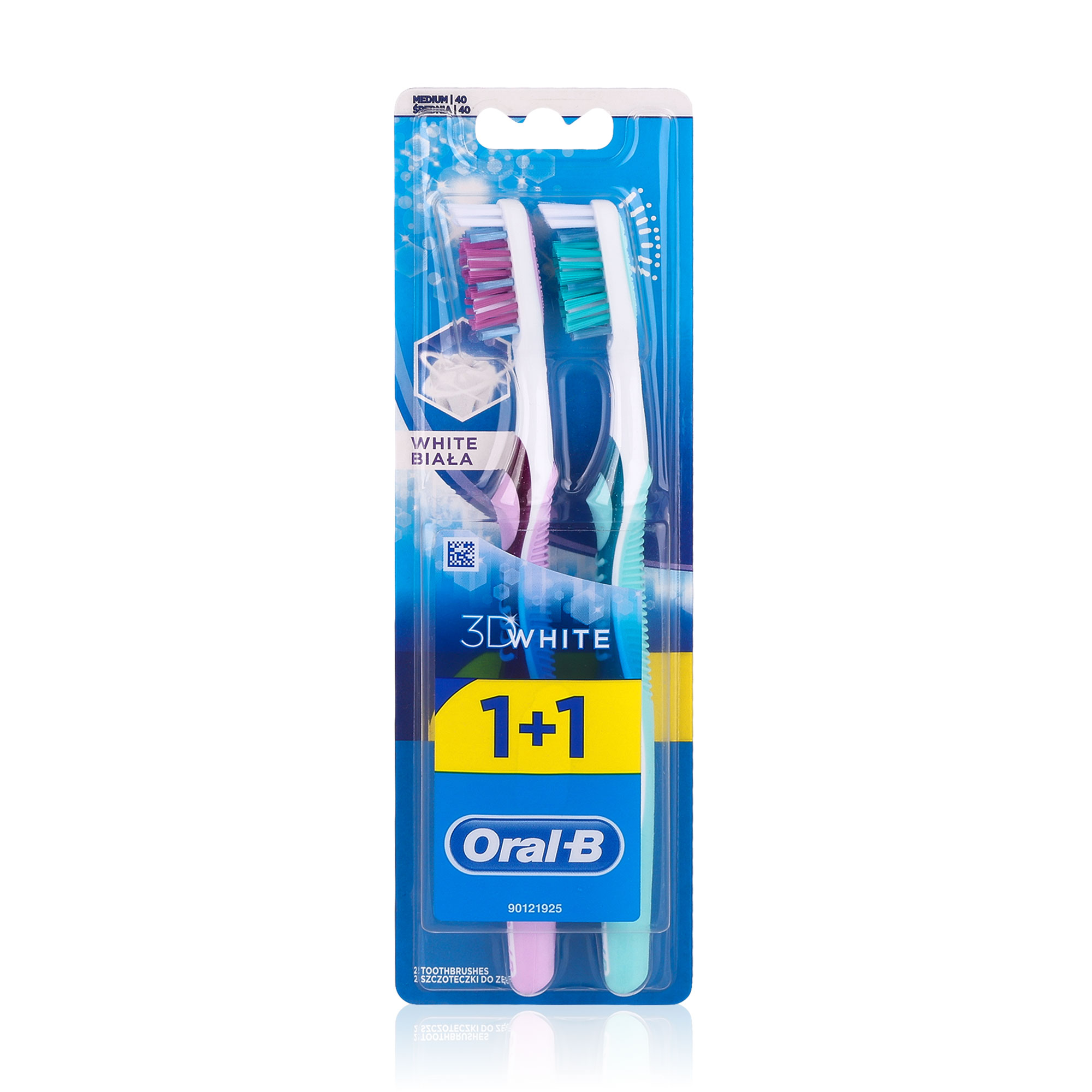 

Набір зубних щіток Oral-B 1+1 3D White Відбілювання, фіолетова та зелена, середньої жорсткості, 2 шт