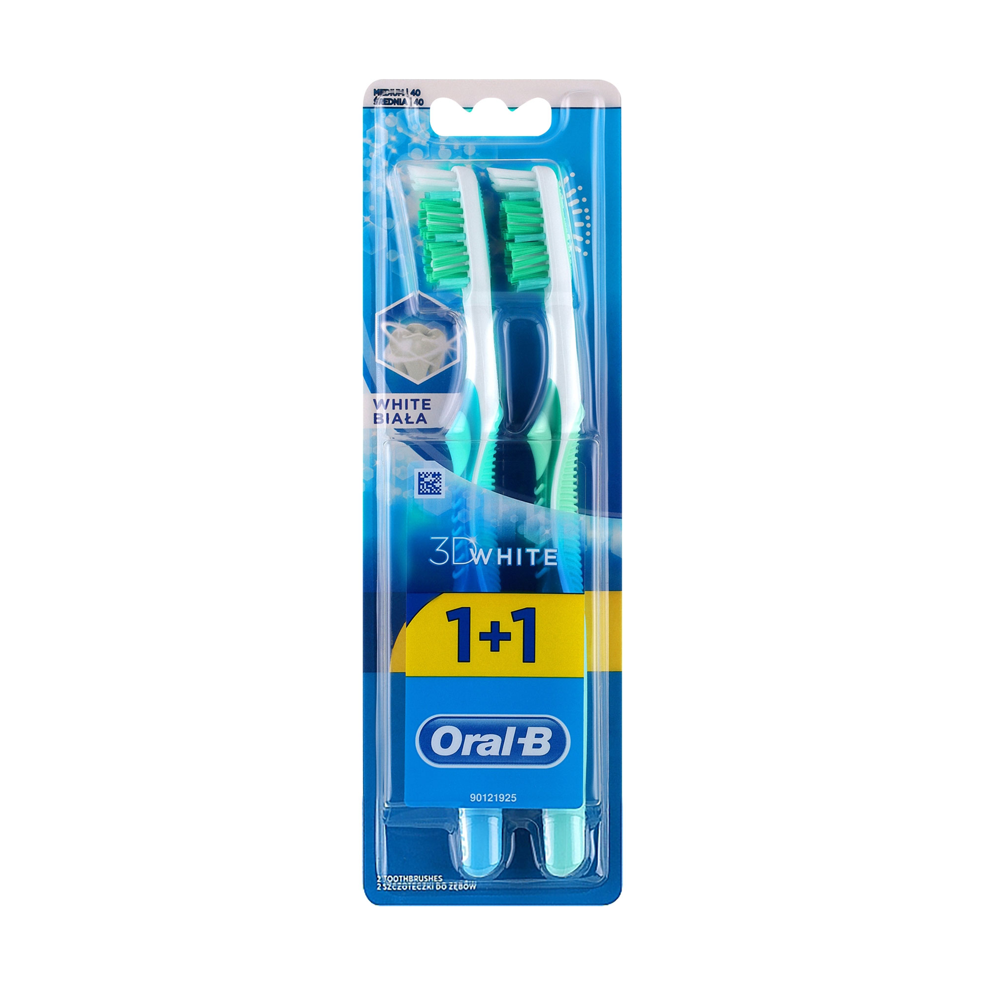 

Набір зубних щіток Oral-B 1+1 3D White Відбілювання, салатова та блакитна, середньої жорсткості, 2 шт
