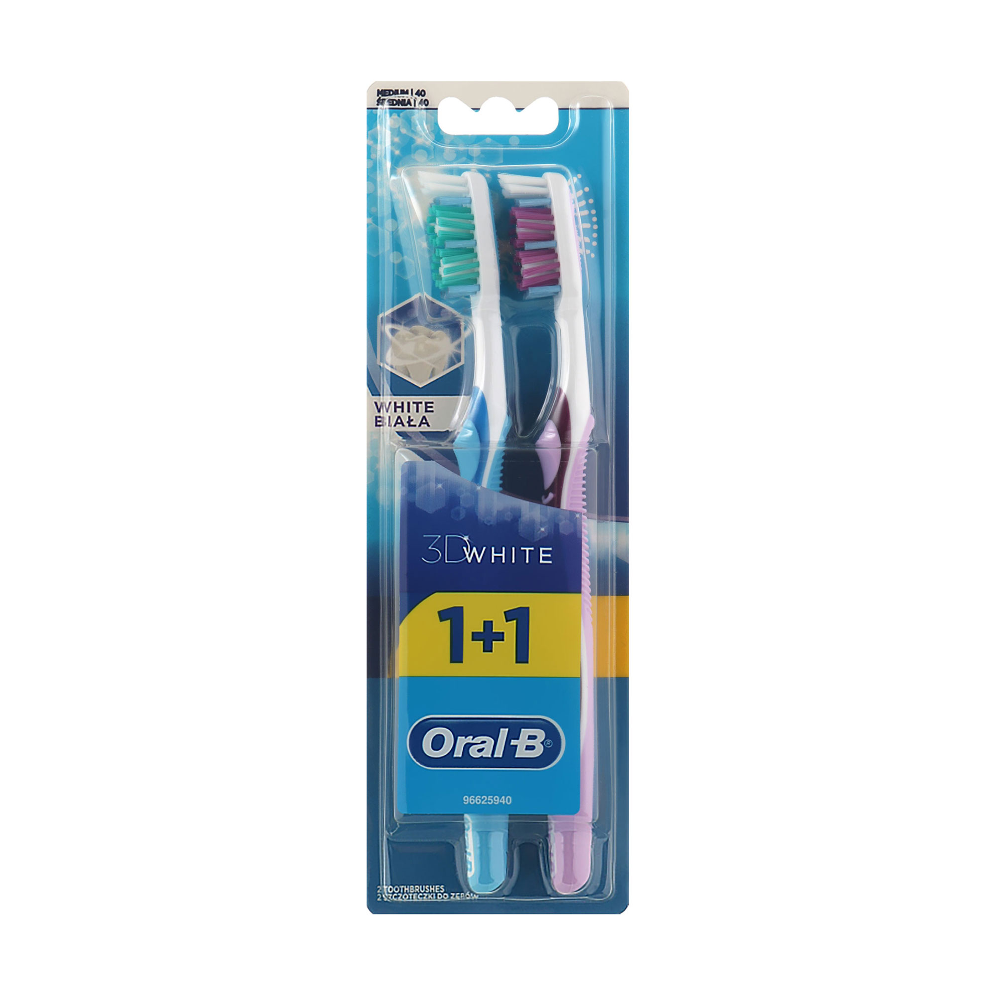 

Набір зубних щіток Oral-B 1+1 3D White Відбілювання, фіолетова та блакитна, середньої жорсткості, 2 шт