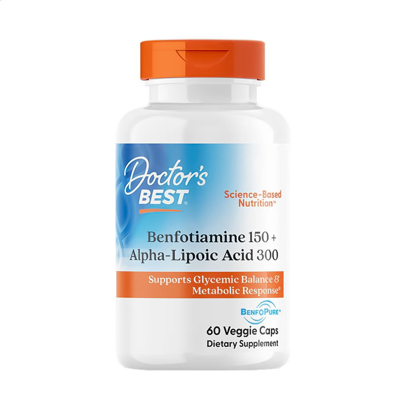

Бенфотіамін та альфа-ліпоєва кислота Doctor's Best Benfotiamine 150 + Alpha-Lipoic Acid 300, 60 веганських капсул