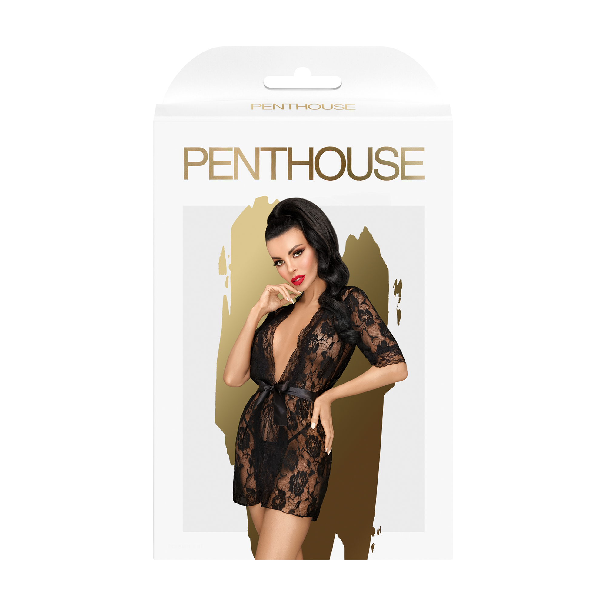 

Мереживний сексуальний халат Penthouse Sweet Retreat з атласним поясом, чорний, розмір S-L