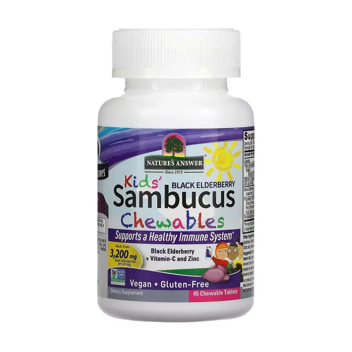 

Чорна бузина для дітей Nature's Answer Kid's Sambucus Chewables Black Elderberry + Vitamin C and Zinc з вітаміном С та цинком, 3200 мг, 45 жувальних таблеток