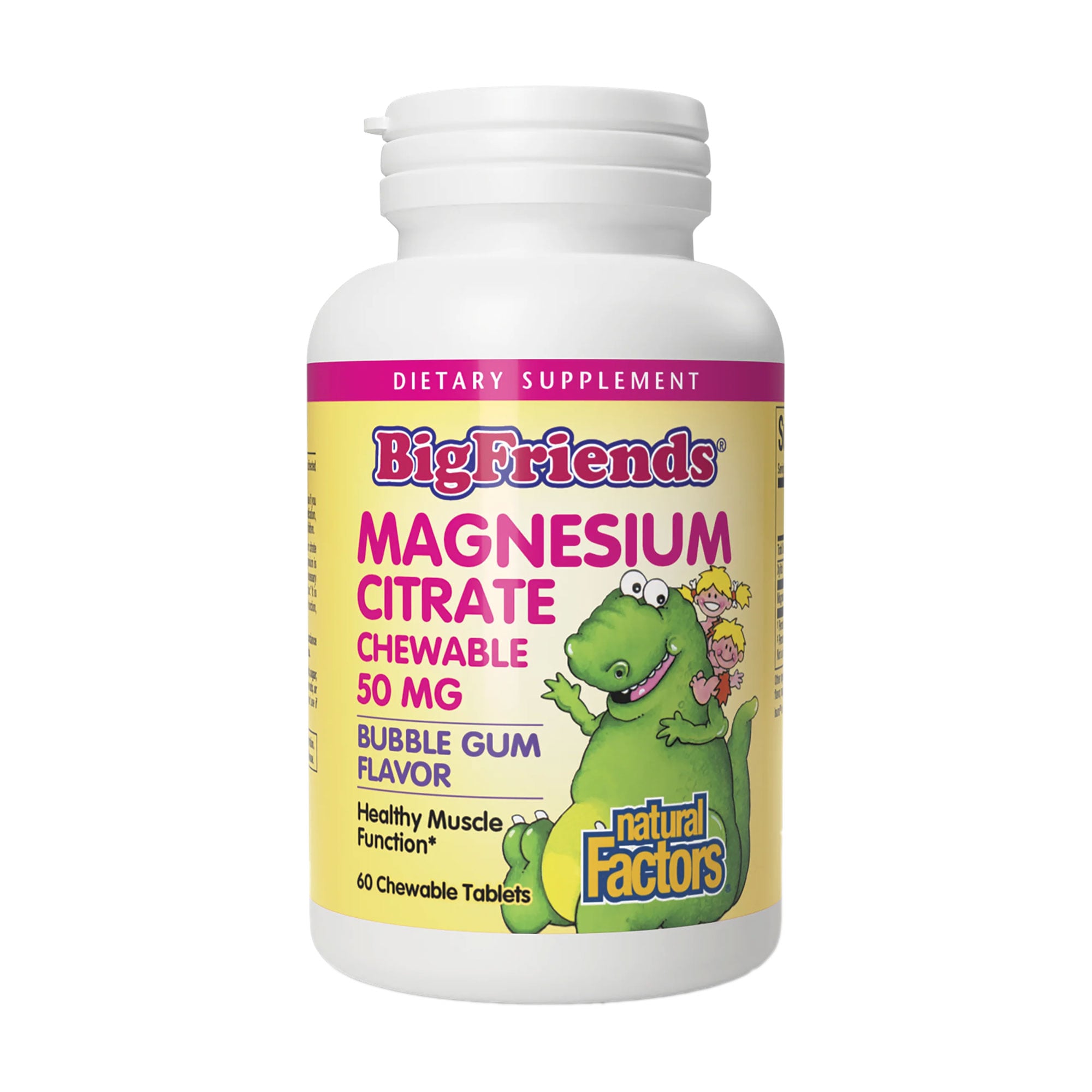 

Магній цитрат для дітей Natural Factors Big Friends Magnesium Citrate 50 мг, зі смаком жувальної гумки, 60 жувальних таблеток