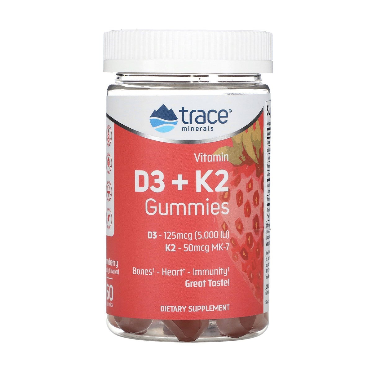 

Вітамін D3 та K2 Trace Minerals Vitamin D3 + K2 Gummies зі смаком полуниці, 60 жувальних цукерок