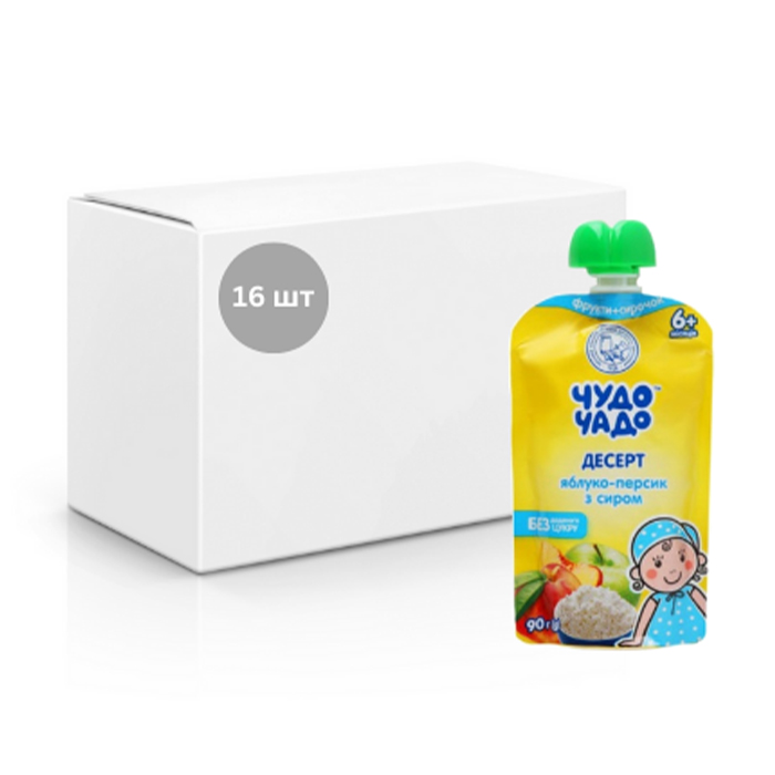 

Уцінка! Упаковка Дитячий десерт Чудо-Чадо Яблуко-персик з сиром, без цукру, від 6 місяців, 16*90 г
