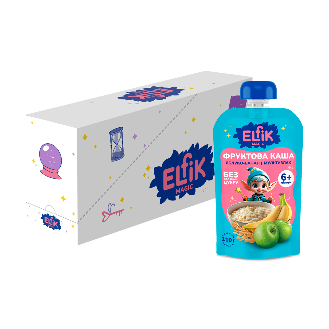 

Дитяча фруктова каша Elfik Magic Яблуко-банан і мультизлак, без доданого цукру, від 6 місяців, 18*110 г
