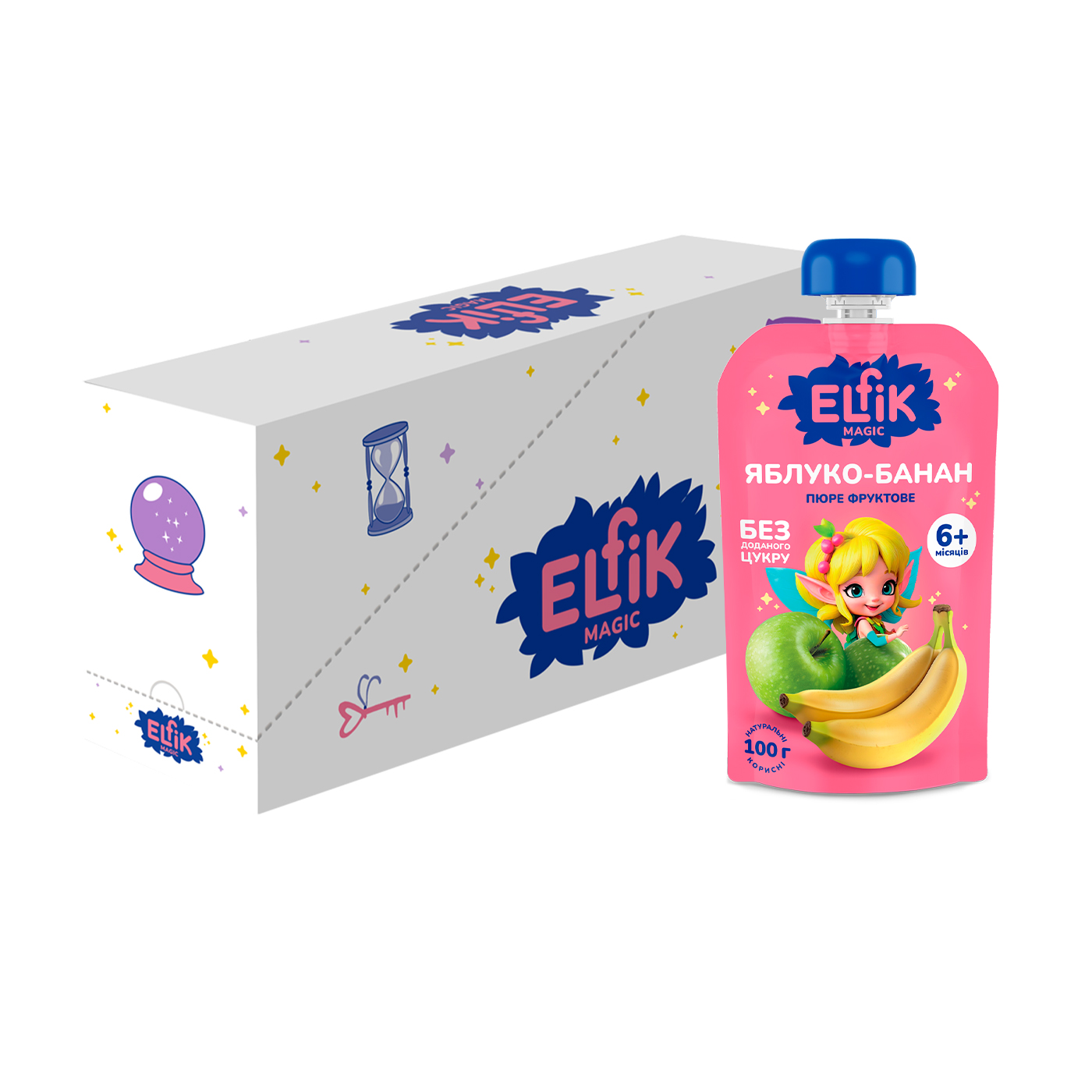 

Уцінка! Дитяче фруктове пюре Elfik Magic Яблуко-банан, без доданого цукру, від 6 місяців, 18*100 г
