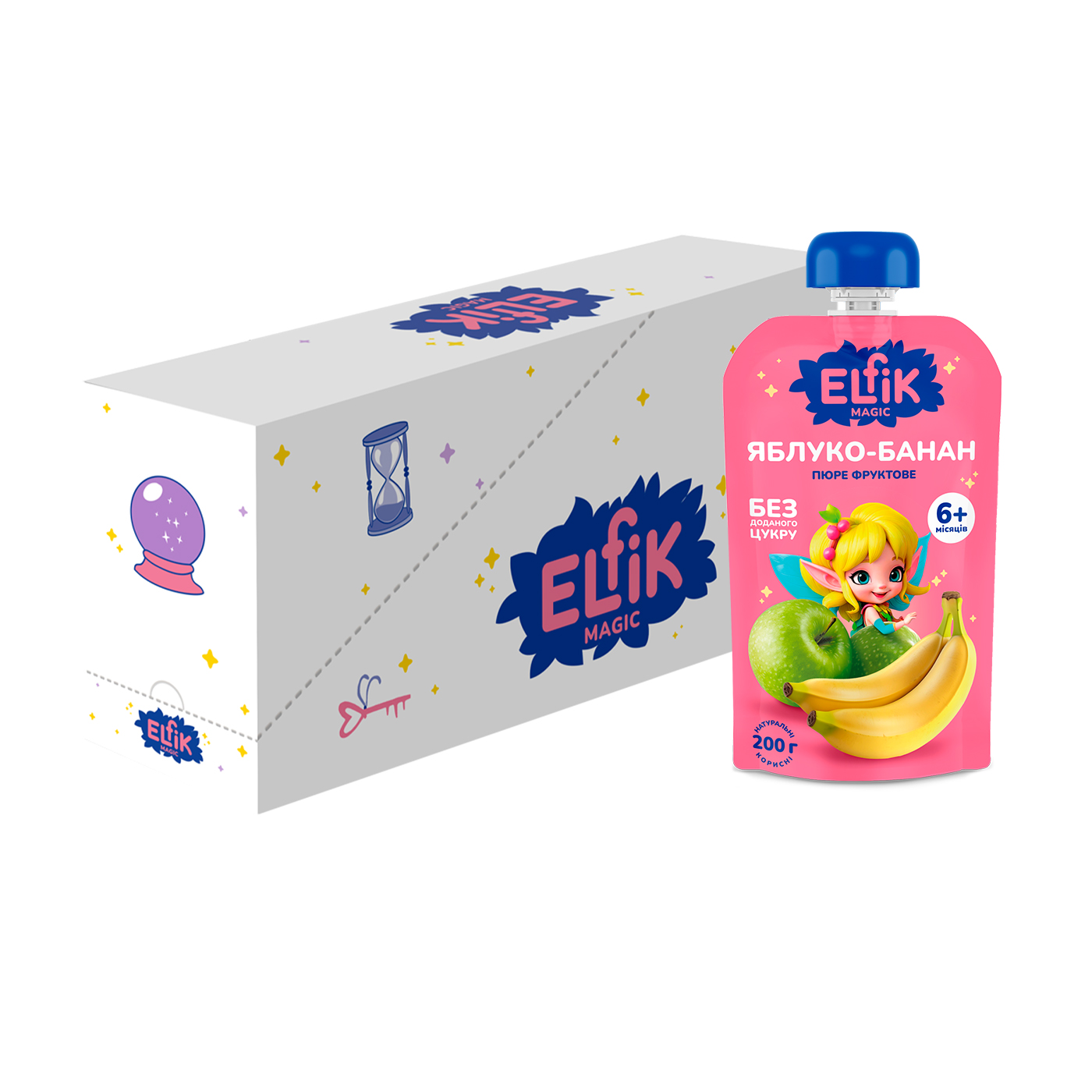 

Упаковка Дитяче фруктове пюре Elfik Magic Яблуко-банан, без доданого цукру, від 6 місяців, 12*200 г