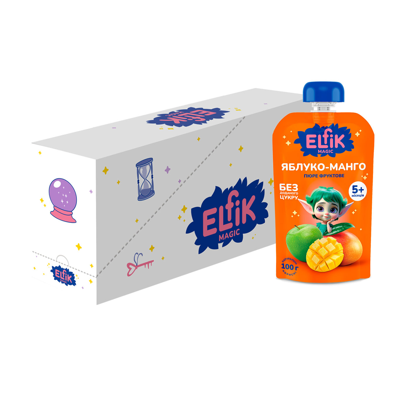 

Уцінка! Дитяче фруктове пюре Elfik Magic Яблуко-манго, без доданого цукру, від 5 місяців, 18*100 г