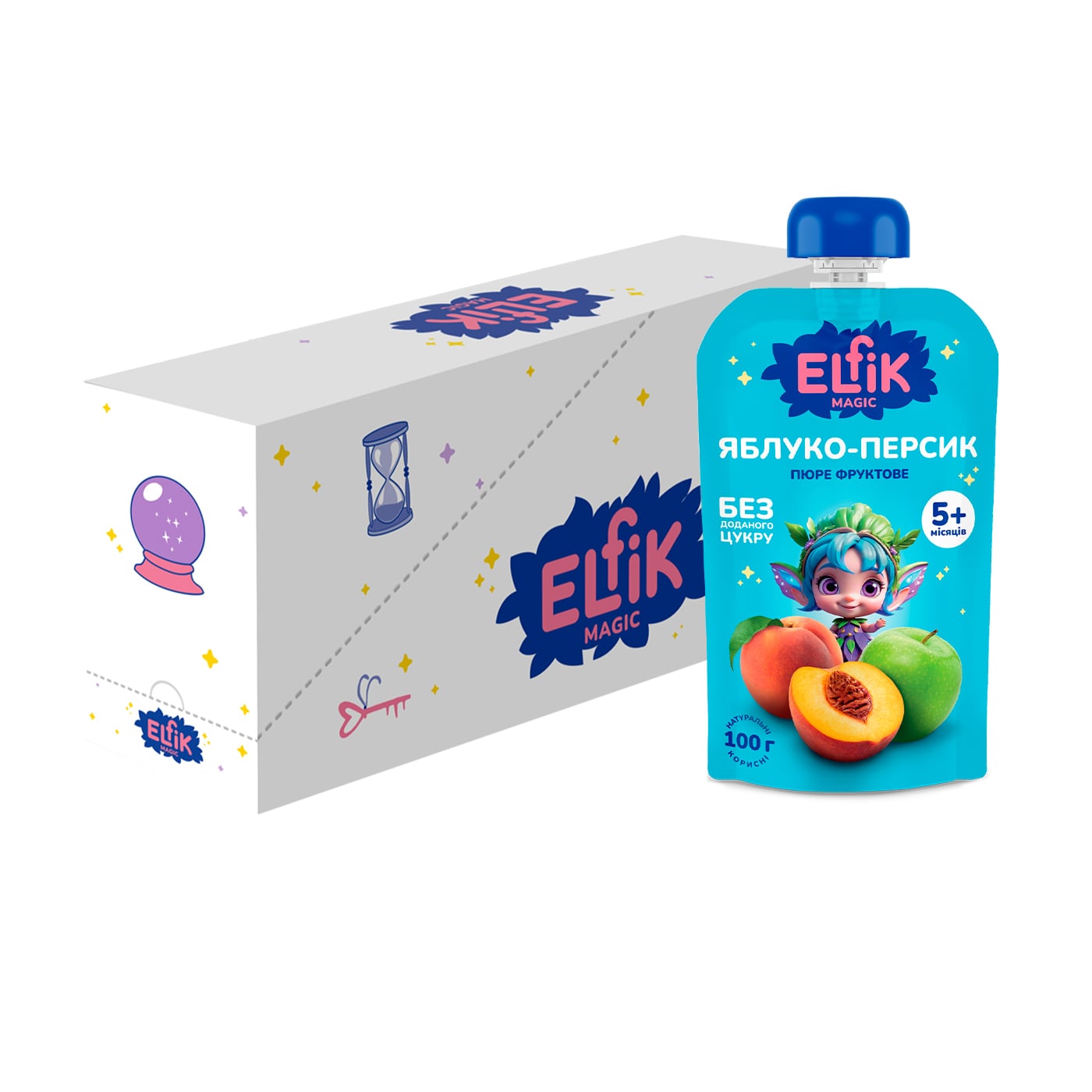 

Уцінка! Дитяче фруктове пюре Elfik Magic Яблуко-персик, без доданого цукру, від 5 місяців, 18*100 г