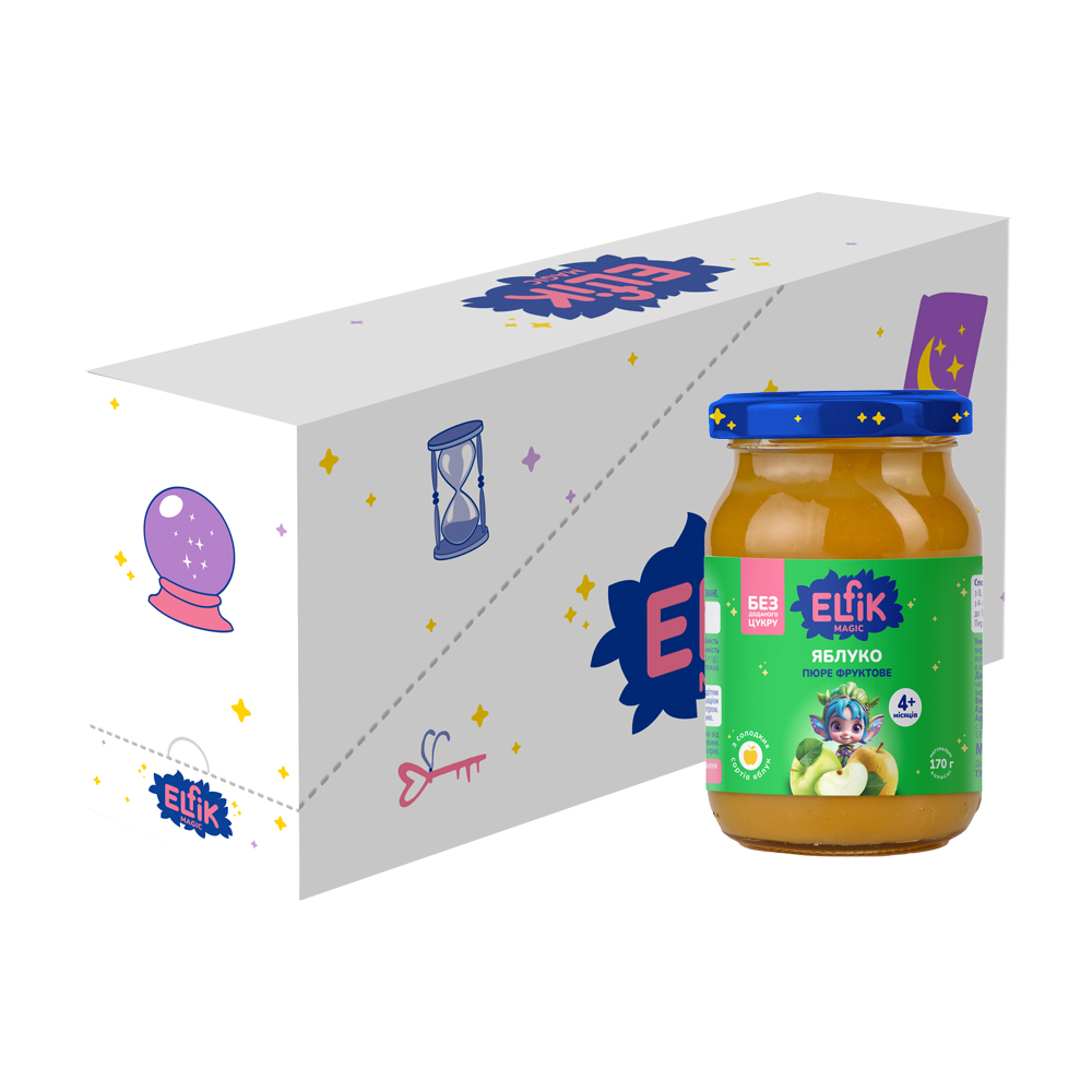 

Уцінка! Дитяче фруктове пюре Elfik Magic Яблуко, без доданого цукру, від 4 місяців, 12*170 г