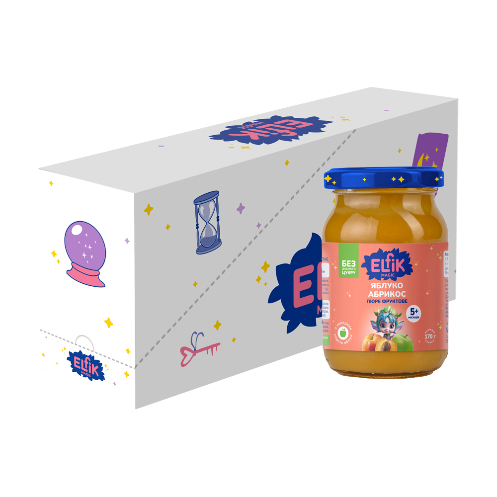 

Уцінка! Дитяче фруктове пюре Elfik Magic Яблуко та абрикос, без доданого цукру, від 5 місяців, 12*170 г