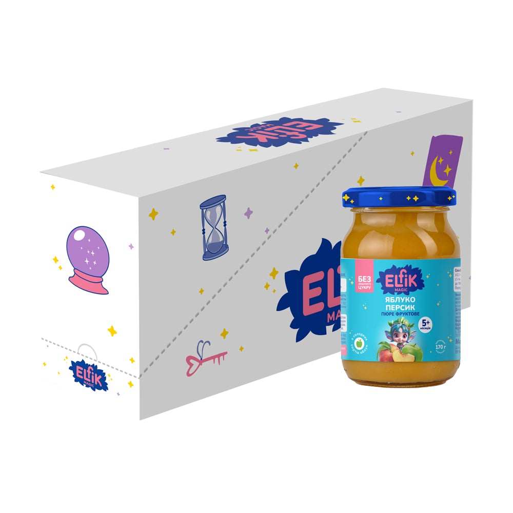 

Уцінка! Дитяче фруктове пюре Elfik Magic Яблуко та персик, без доданого цукру, від 5 місяців, 12*170 г