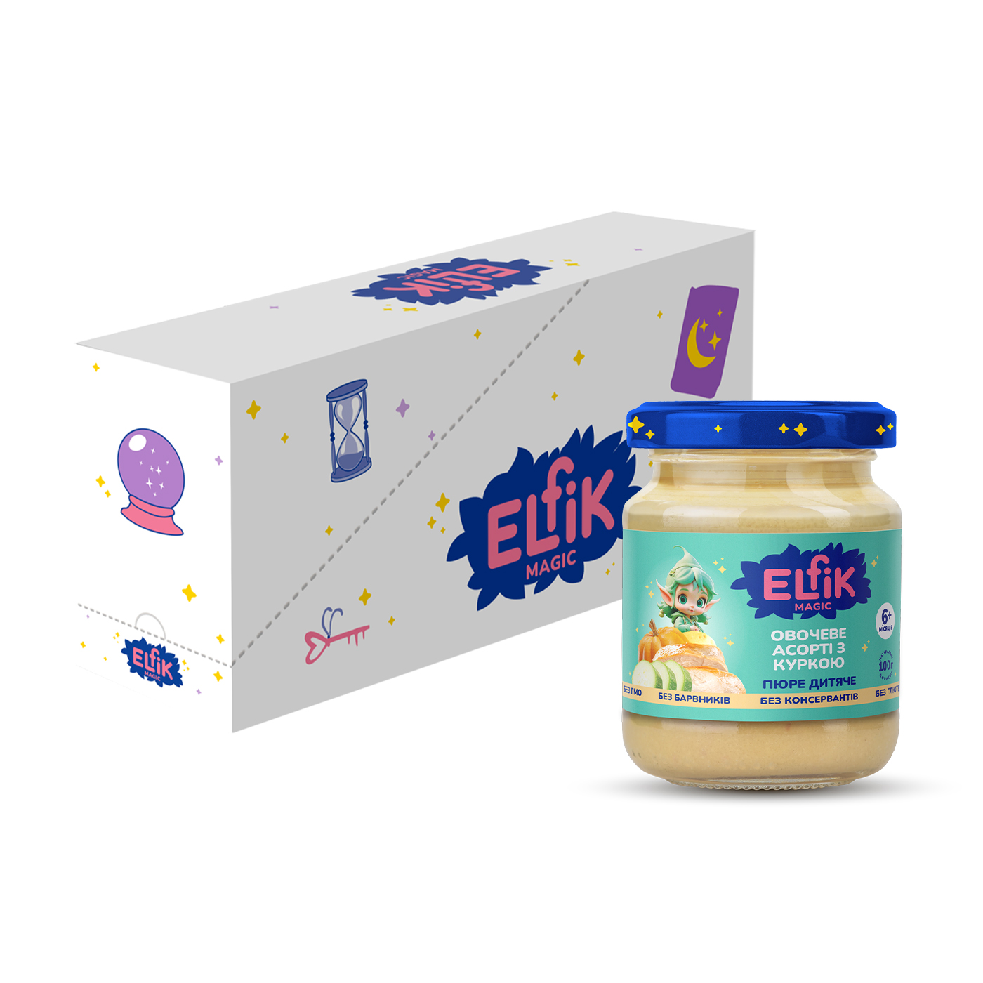 

Дитяче овочево-м'ясне пюре Elfik Magic Овочеве асорті з куркою, від 6 місяців, 8*100 г